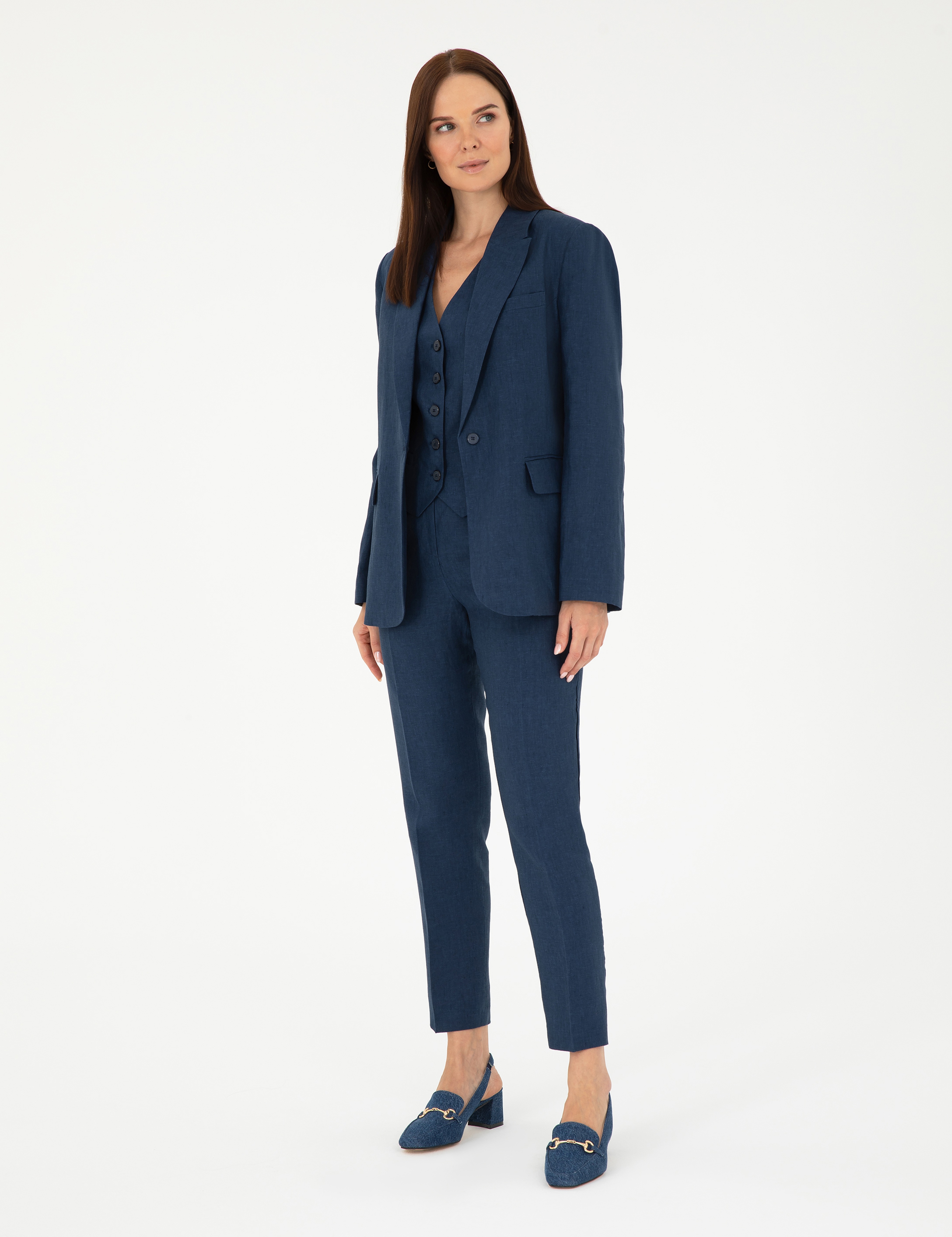 Lacivert Carrot Fit Keten Pantolon - Image 3