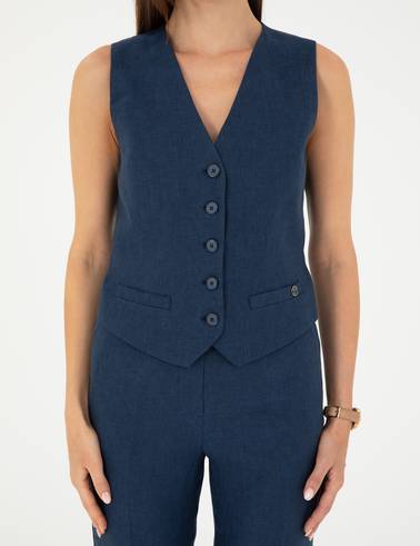 Lacivert Keten Slim Fit Yelek