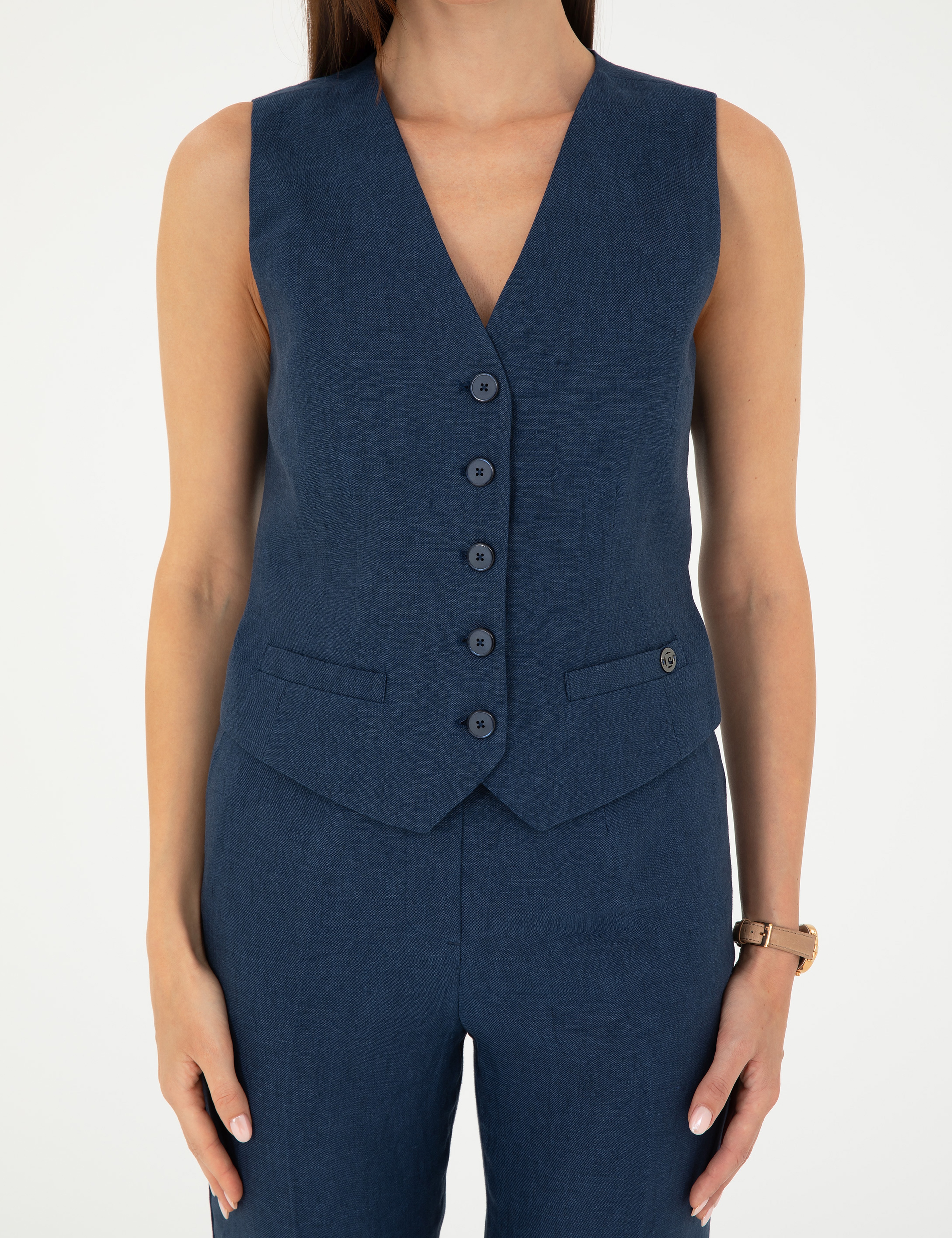 Lacivert Keten Slim Fit Yelek