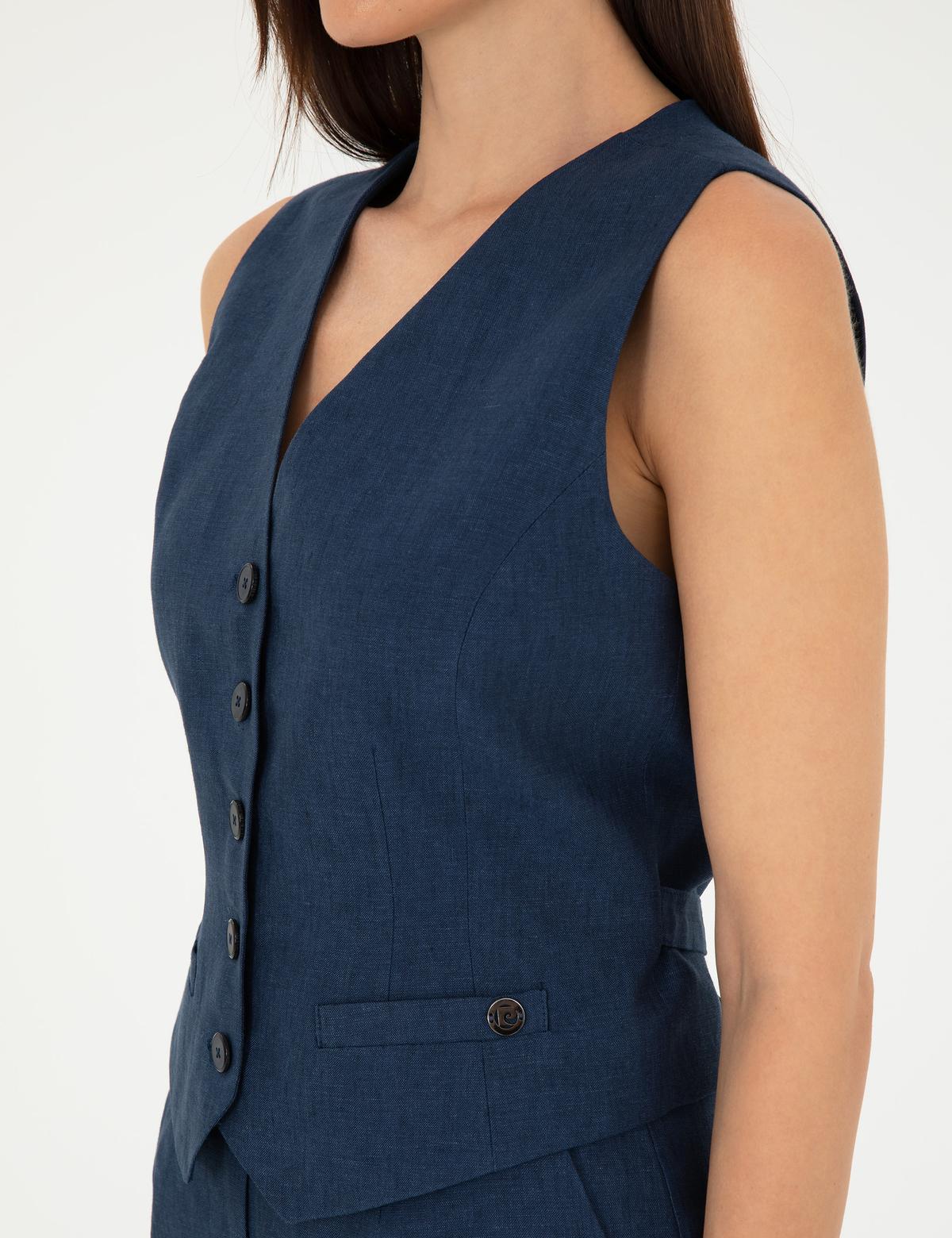 Lacivert Keten Slim Fit Yelek - 50282082025