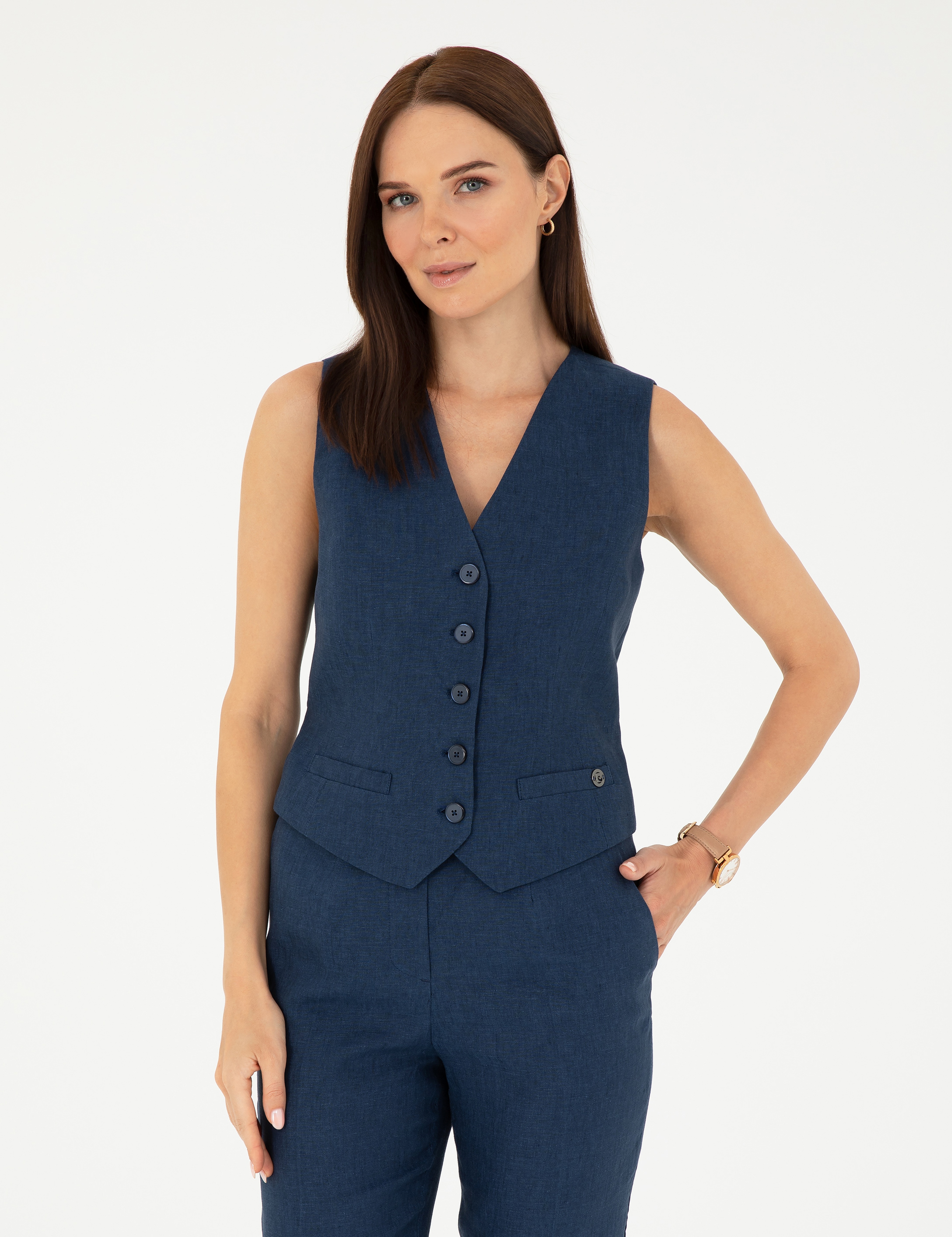 Lacivert Keten Slim Fit Yelek - Image 1