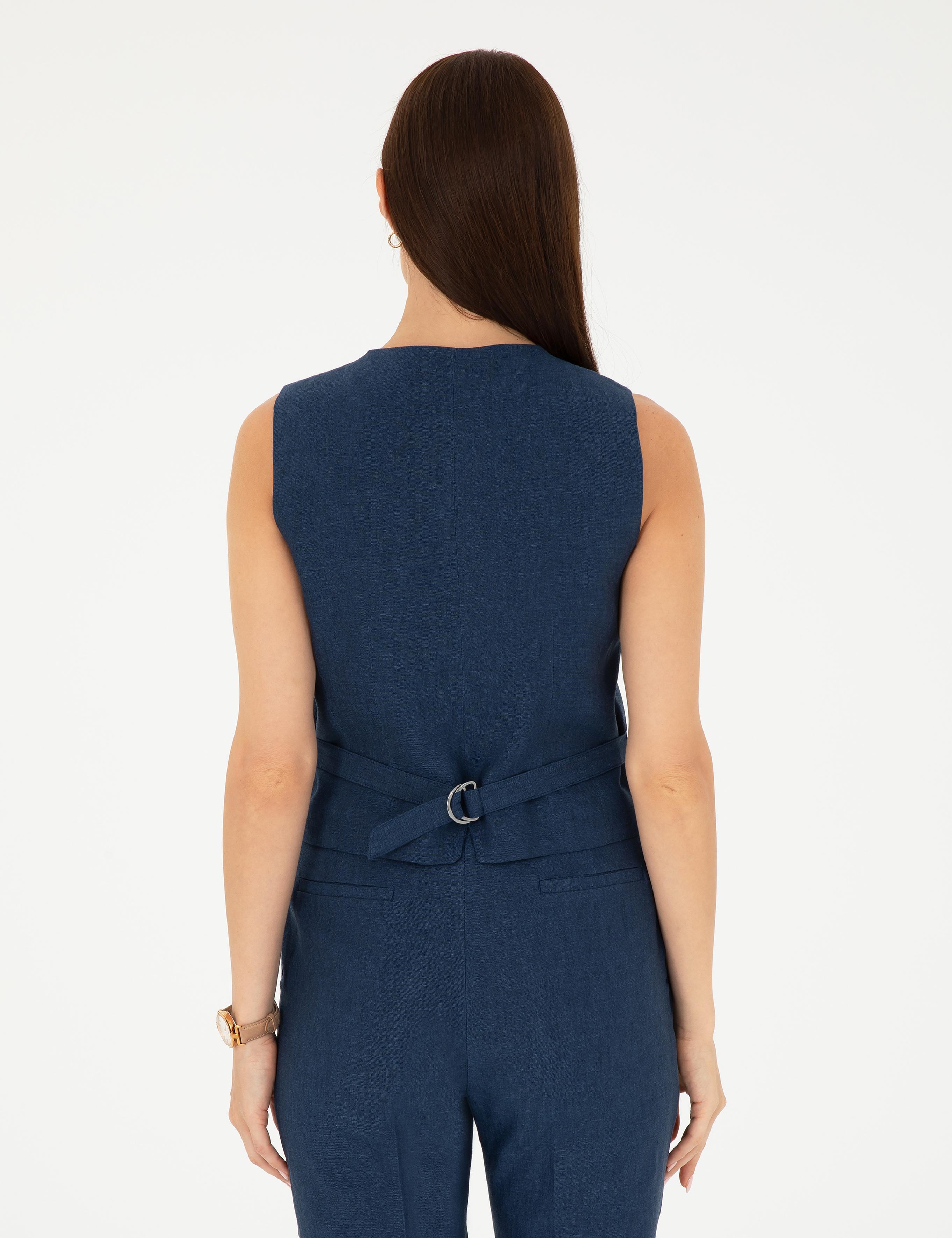 Lacivert Keten Slim Fit Yelek