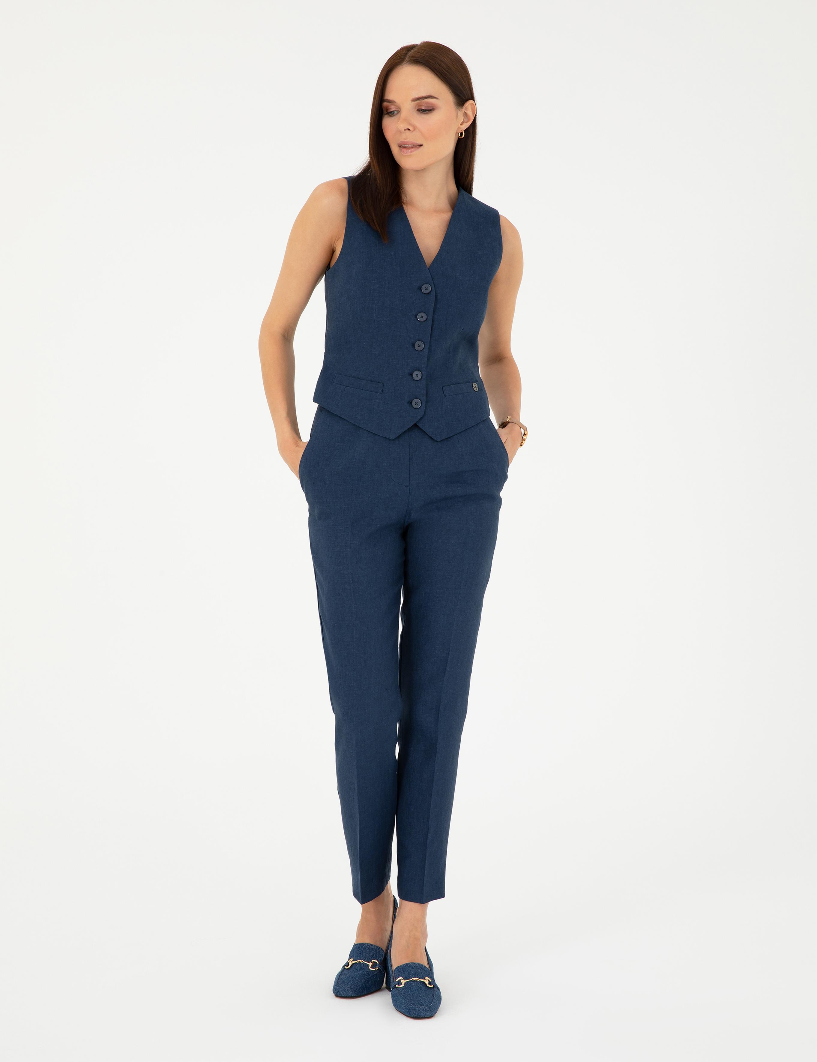 Lacivert Keten Slim Fit Yelek