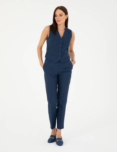 Lacivert Keten Slim Fit Yelek