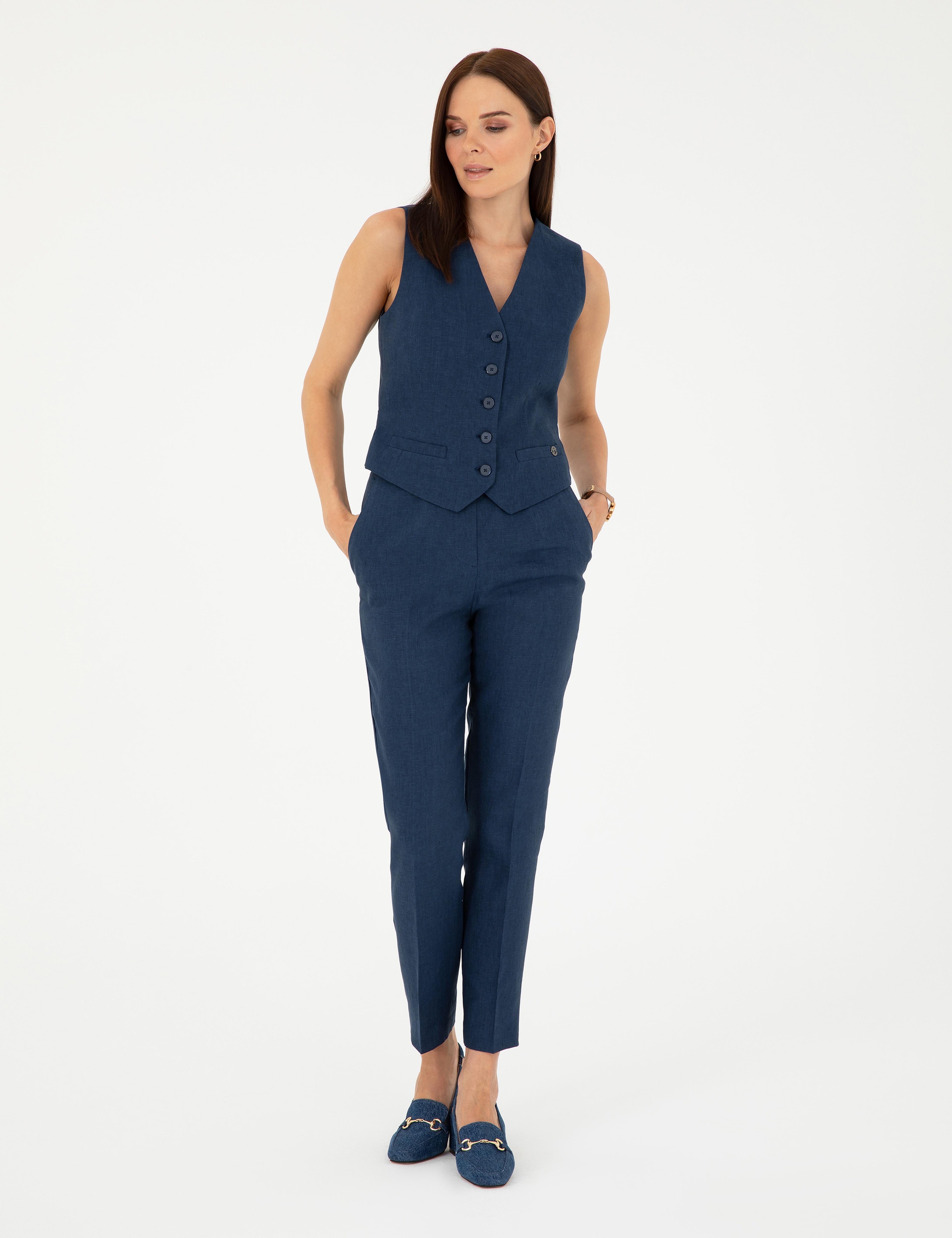Lacivert Keten Slim Fit Yelek