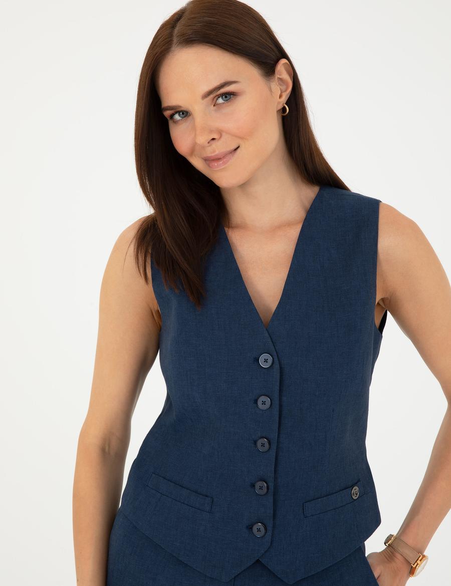 Lacivert Keten Slim Fit Yelek