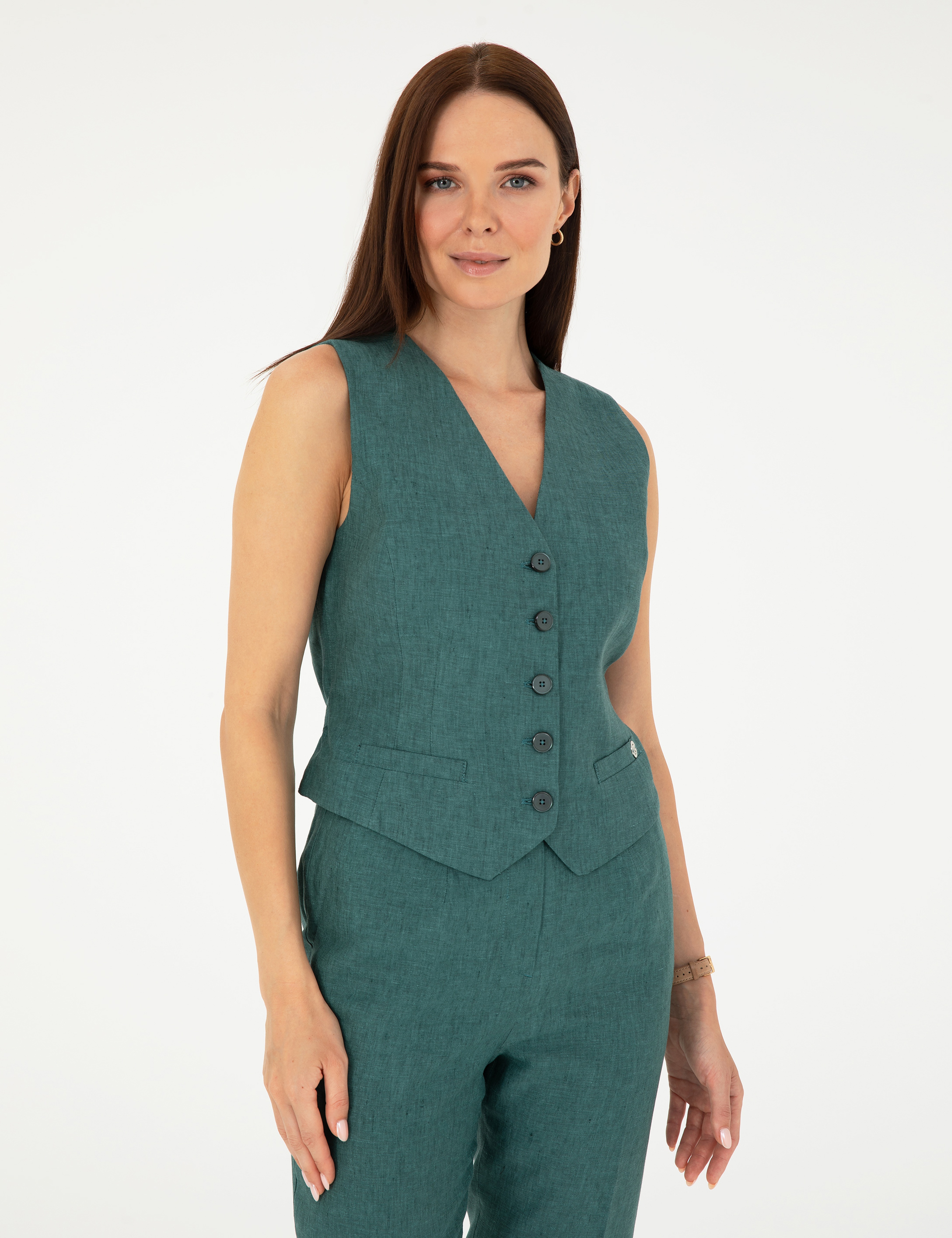 Yeşil Keten Slim Fit Yelek - Image 3