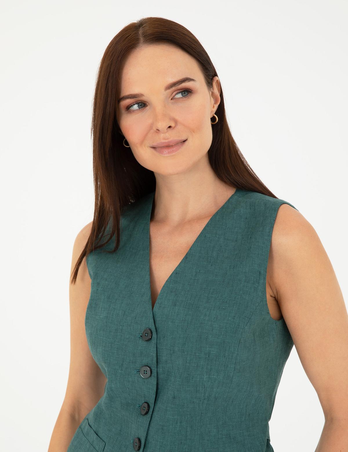 Yeşil Keten Slim Fit Yelek - 50282082033