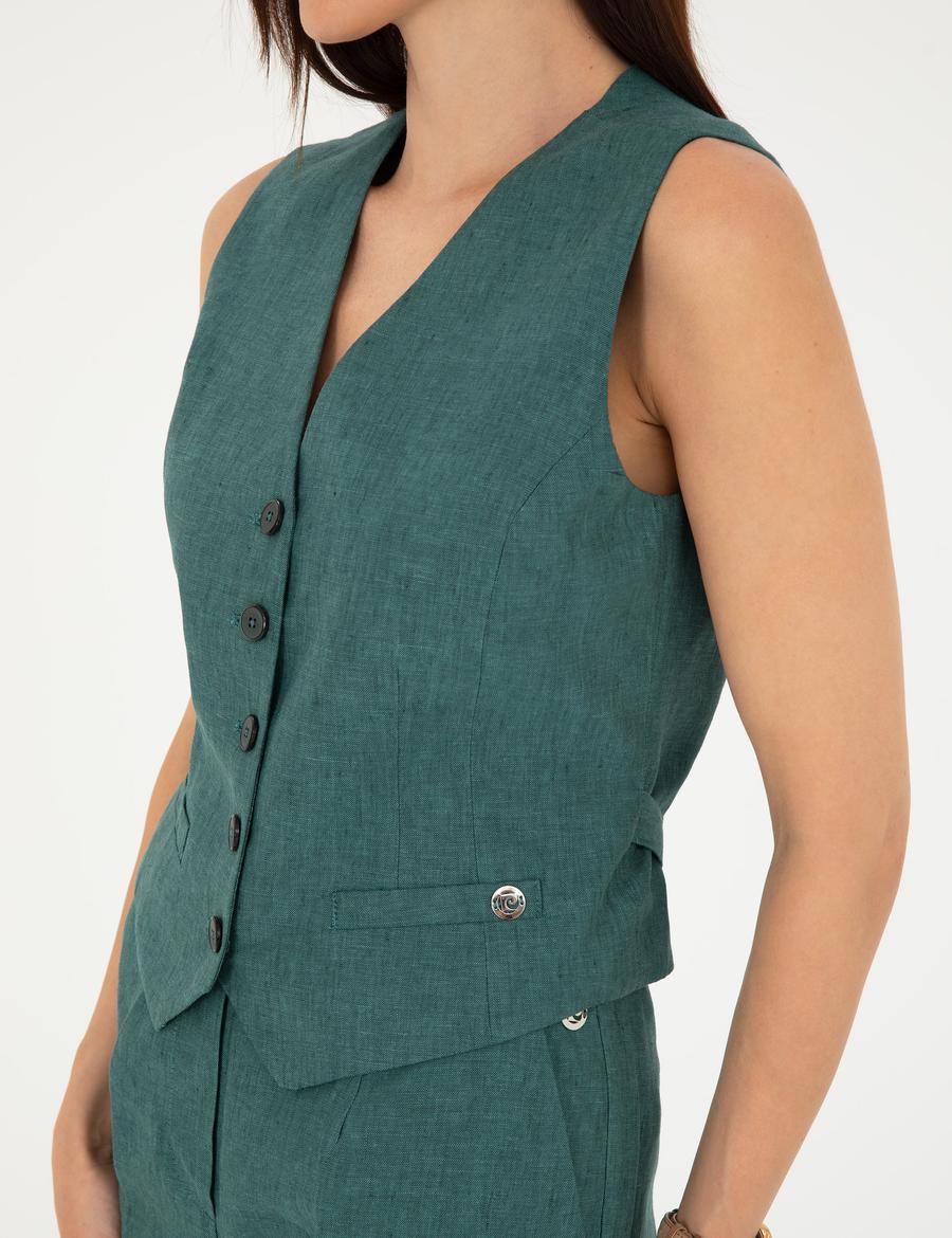 Yeşil Keten Slim Fit Yelek