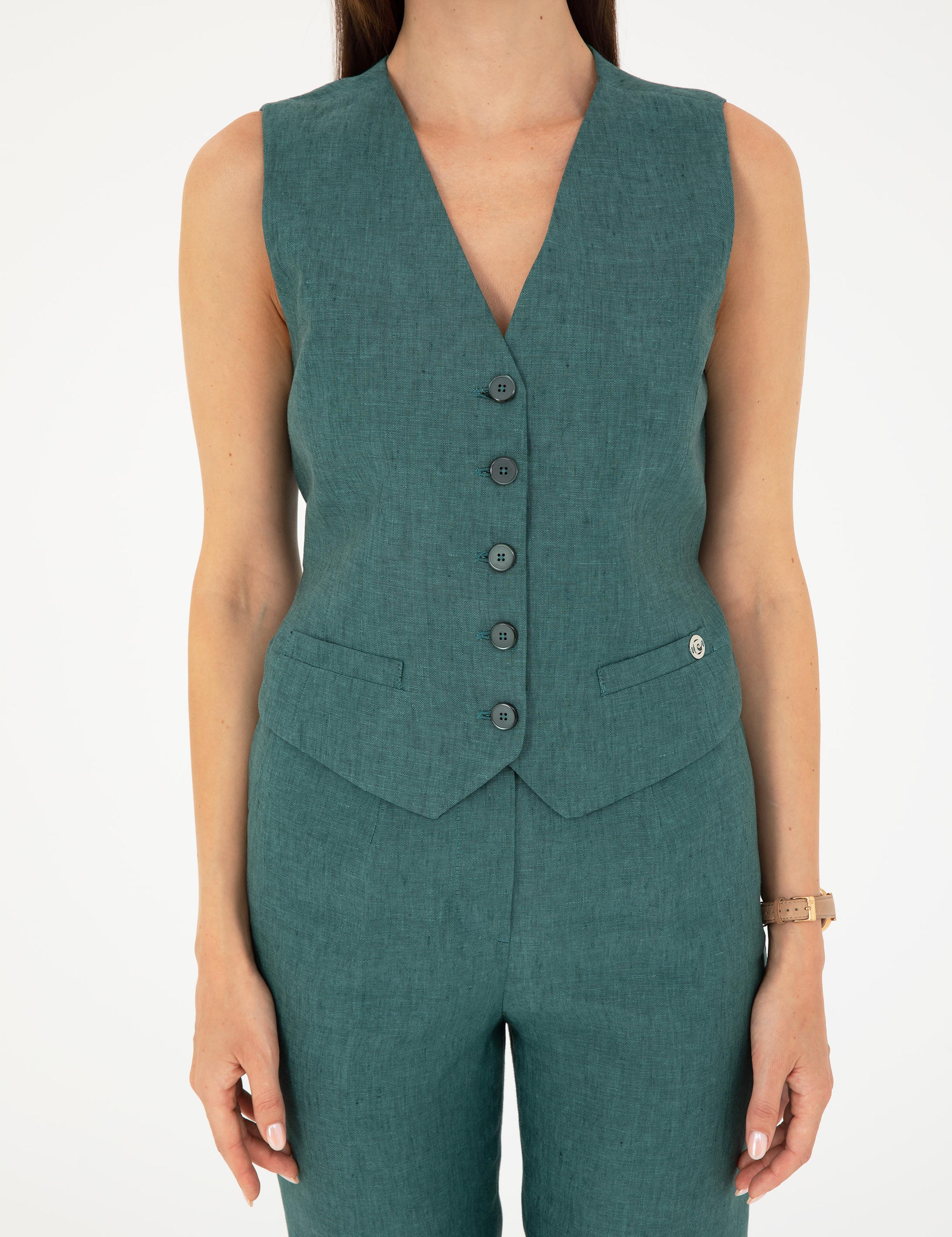 Yeşil Keten Slim Fit Yelek