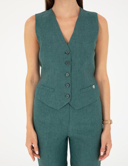 Yeşil Keten Slim Fit Yelek - 50282082033