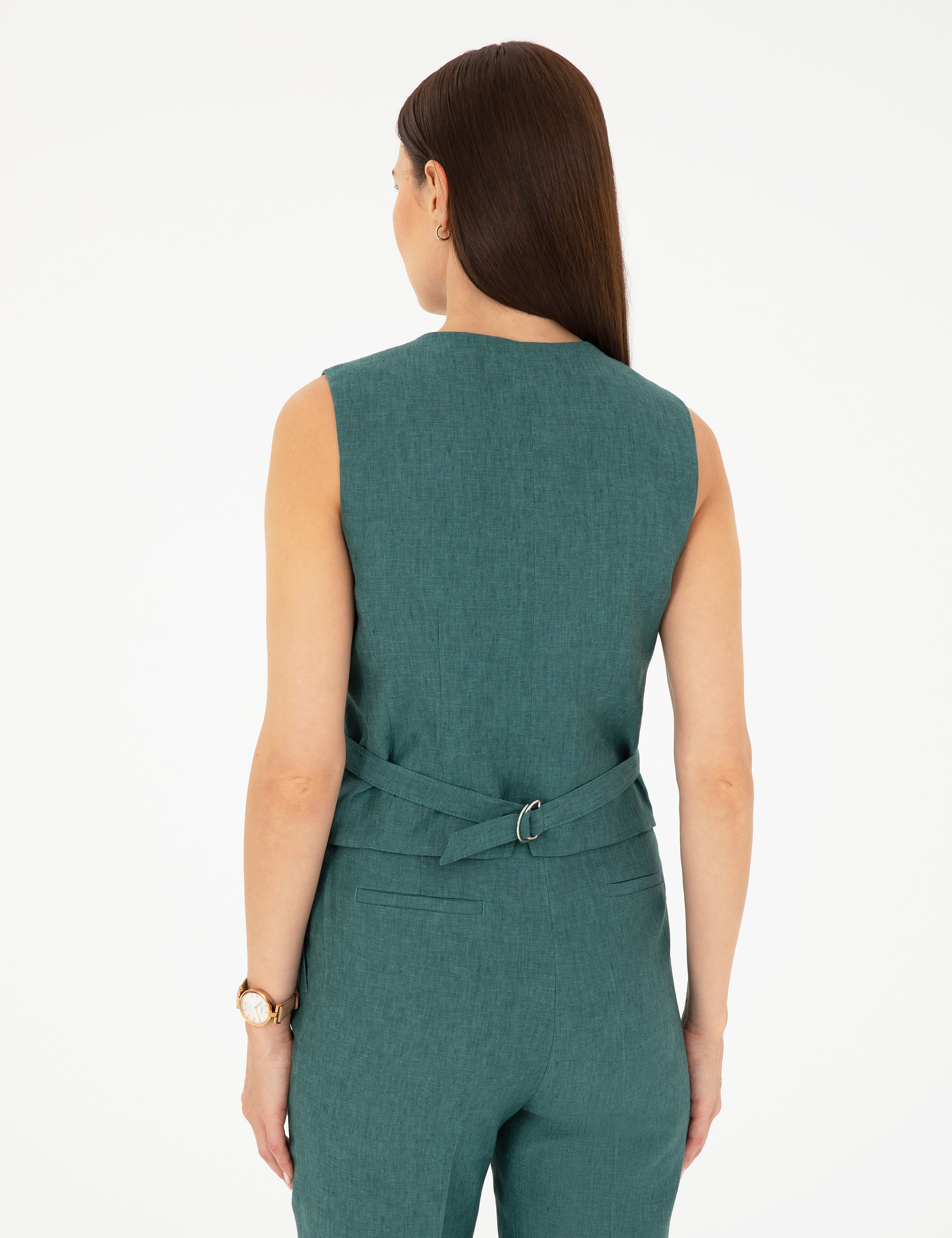 Yeşil Keten Slim Fit Yelek