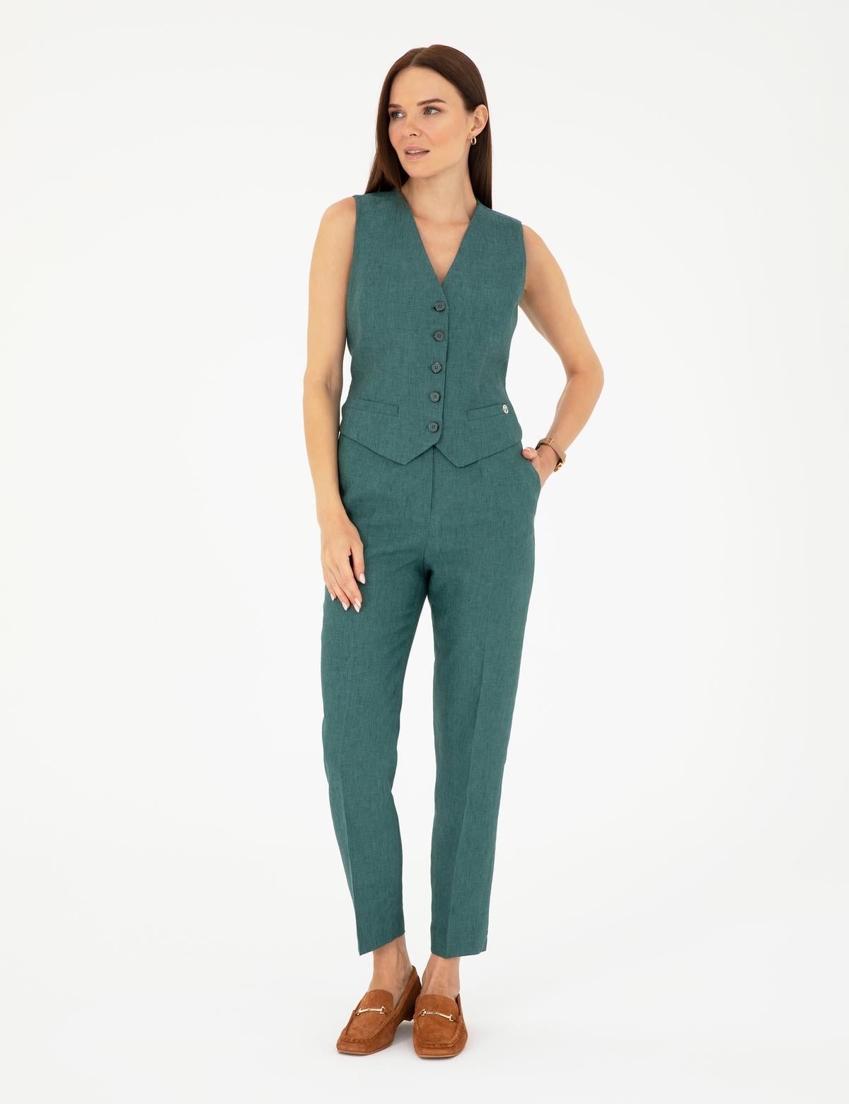 Yeşil Keten Slim Fit Yelek - 50282082033