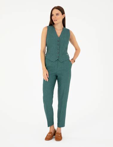 Yeşil Keten Slim Fit Yelek