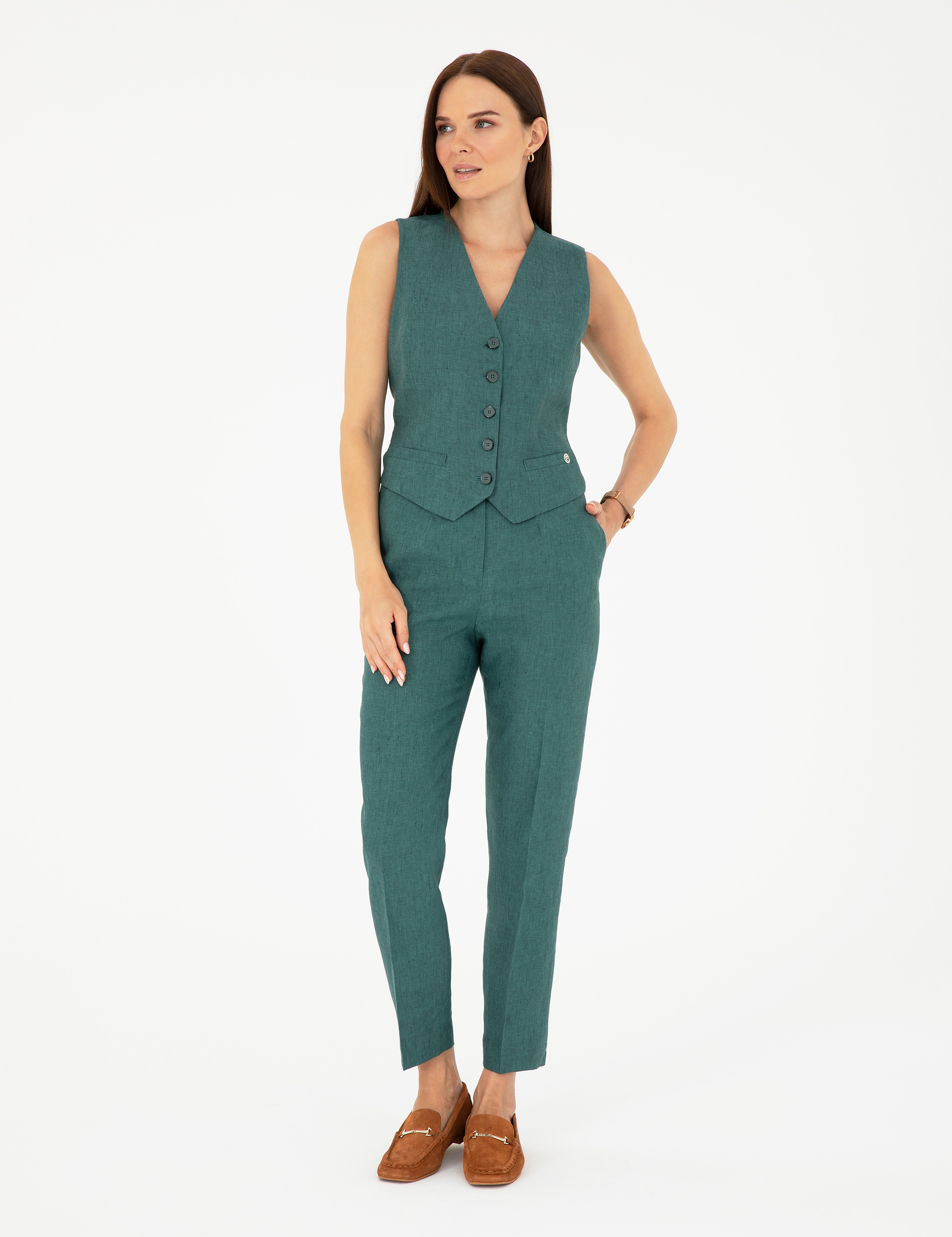 Yeşil Keten Slim Fit Yelek - Image 4
