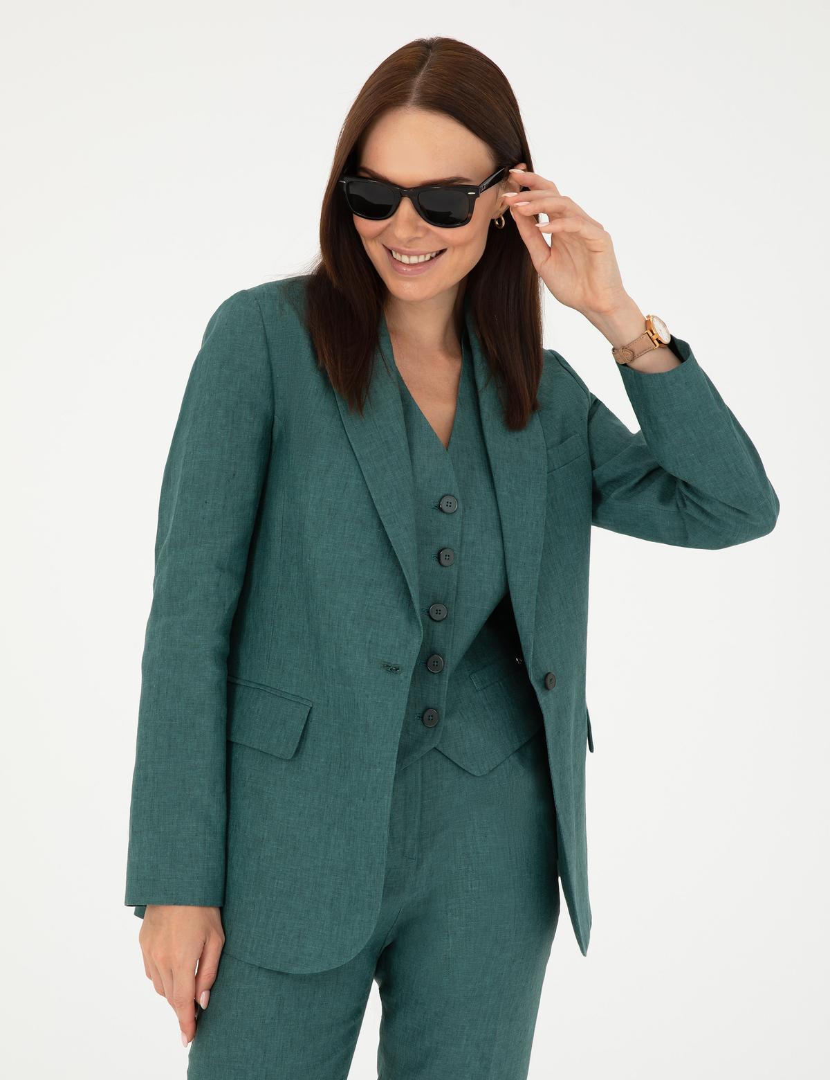 Yeşil Regular Fit Keten Ceket - 50282094032