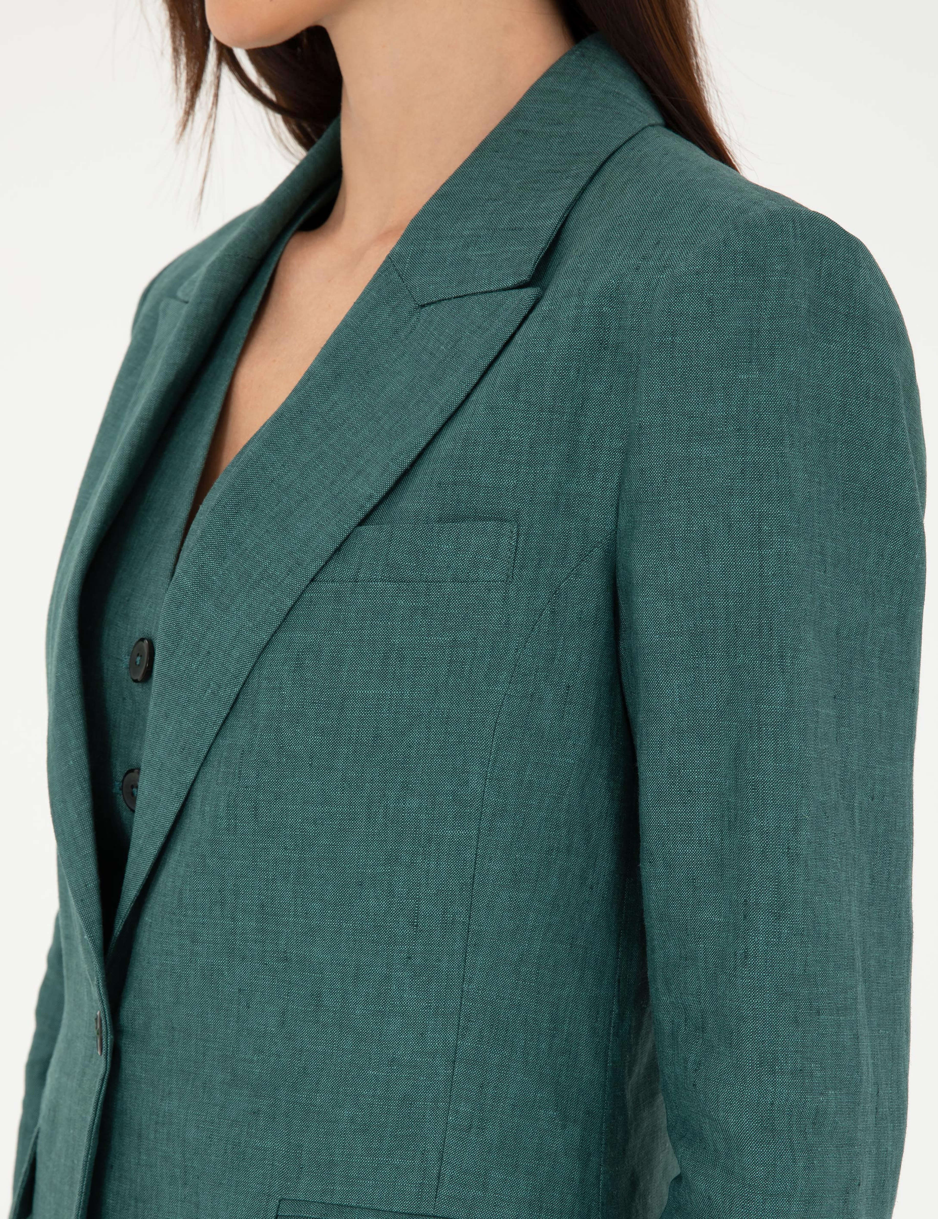 Yeşil Regular Fit Keten Ceket - Image 7