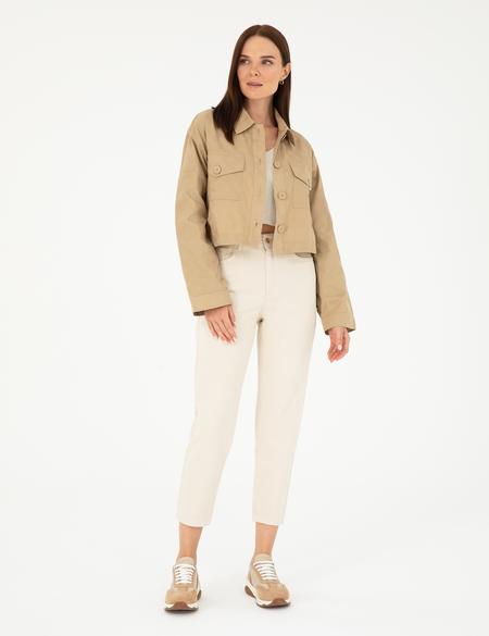 Bej Crop Top Uzun Kollu Gömlek - 50289457005