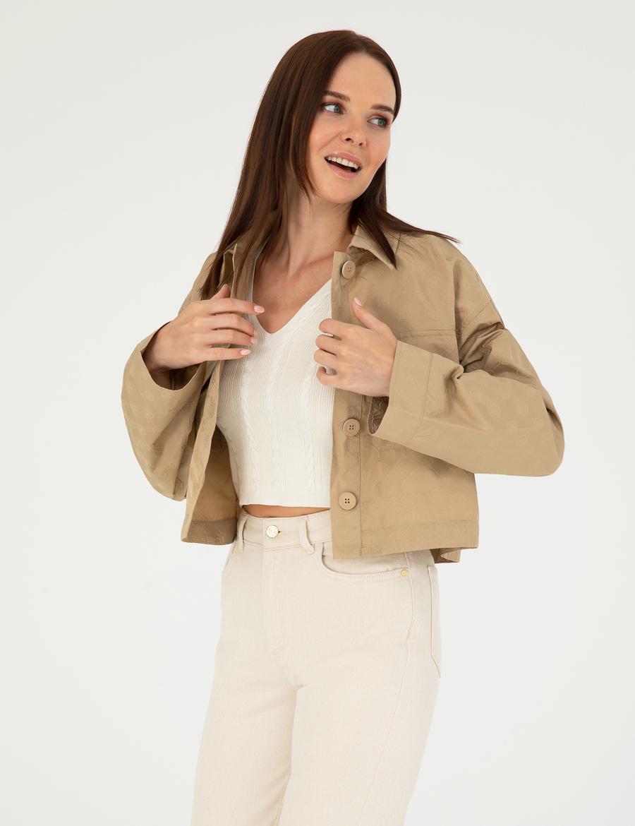 Bej Crop Top Uzun Kollu Gömlek