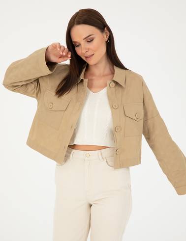 Bej Crop Top Uzun Kollu Gömlek