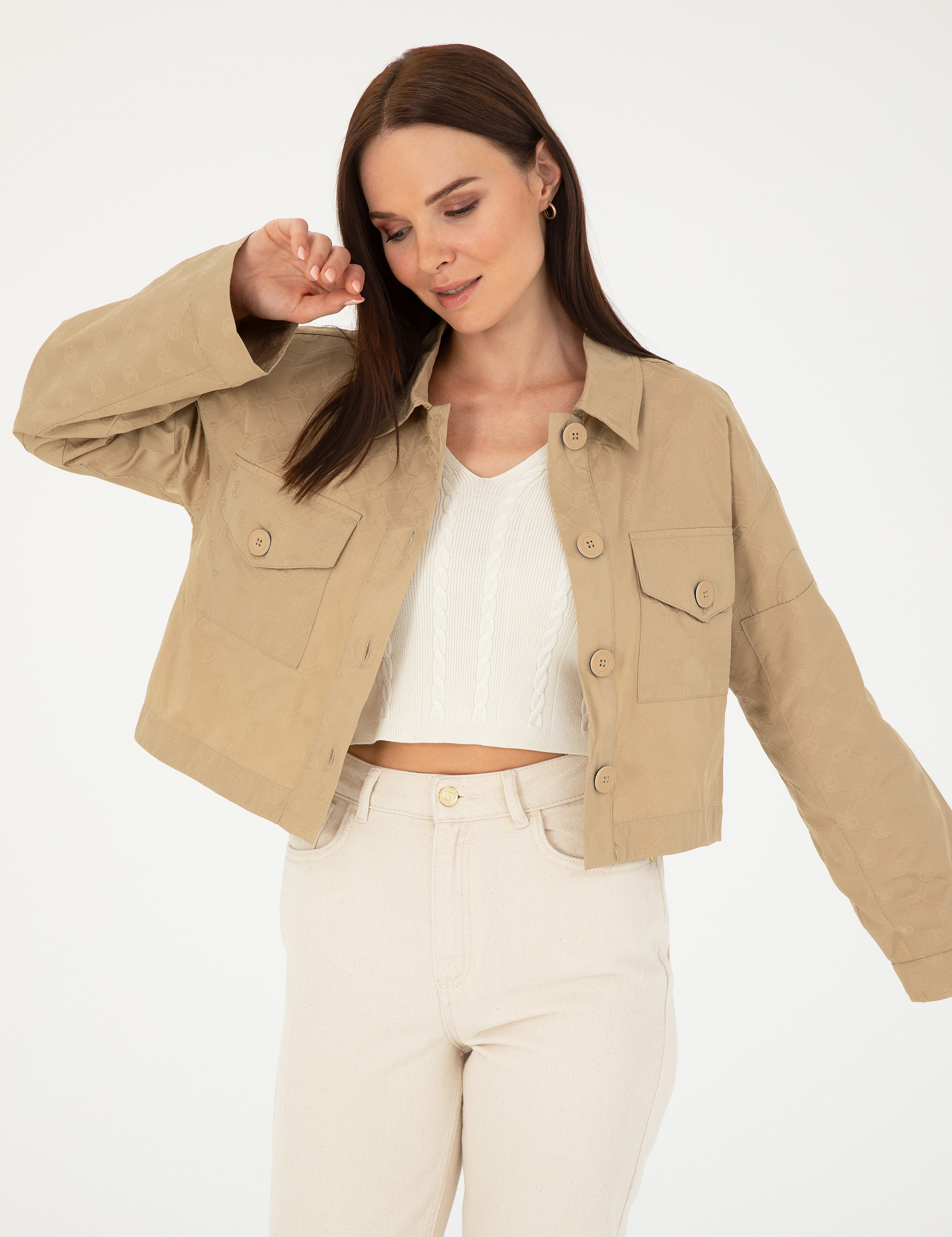 Bej Crop Top Uzun Kollu Gömlek - Image 2