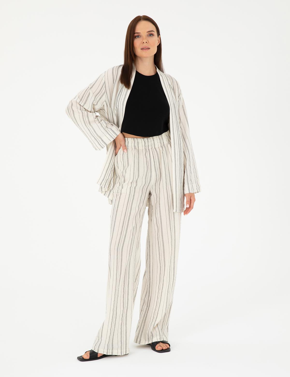 Ekru Dokulu Yüksek Bel Loose Fit Pantolon