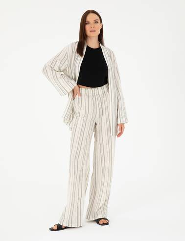 Ekru Dokulu Yüksek Bel Loose Fit Pantolon
