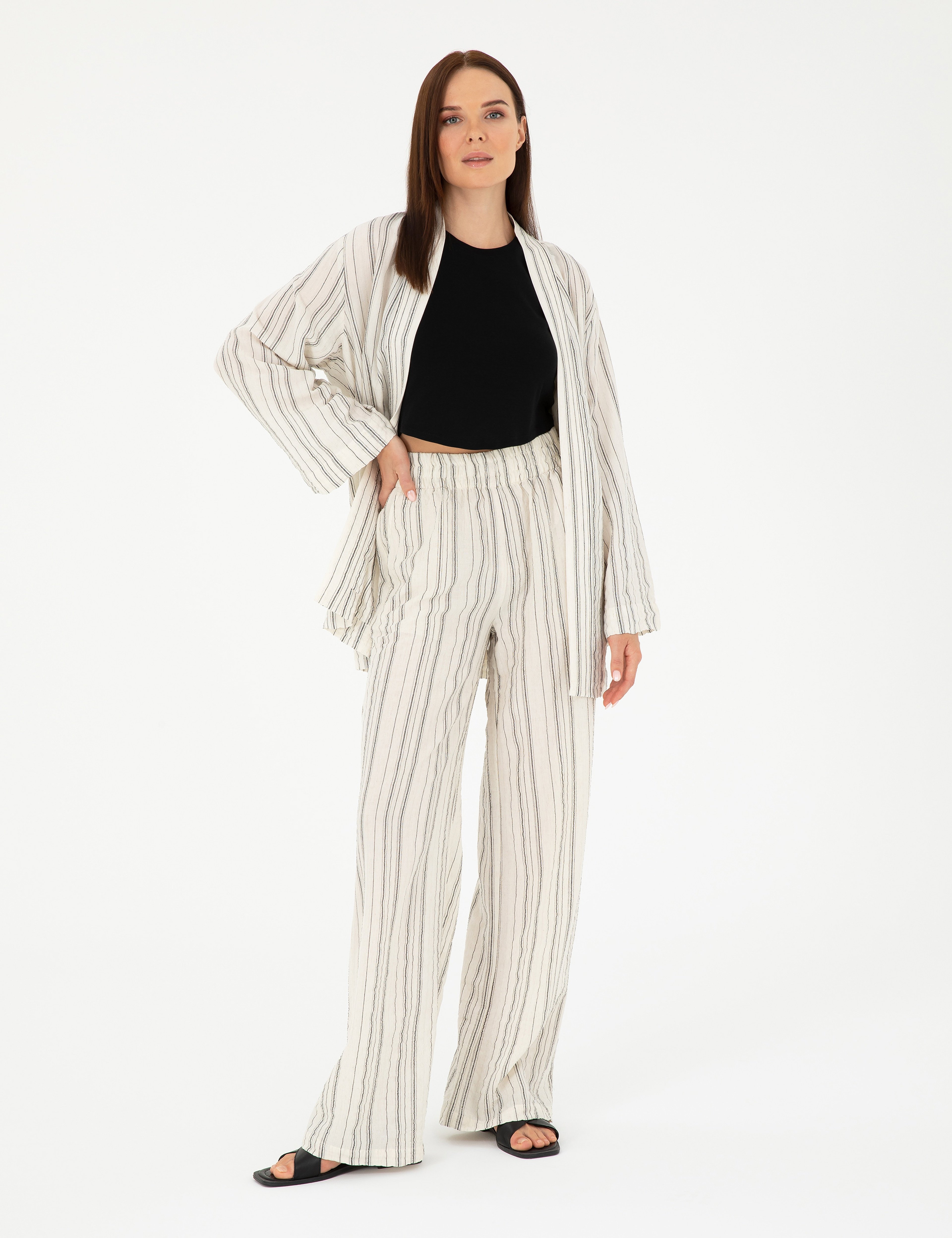 Ekru Dokulu Yüksek Bel Loose Fit Pantolon