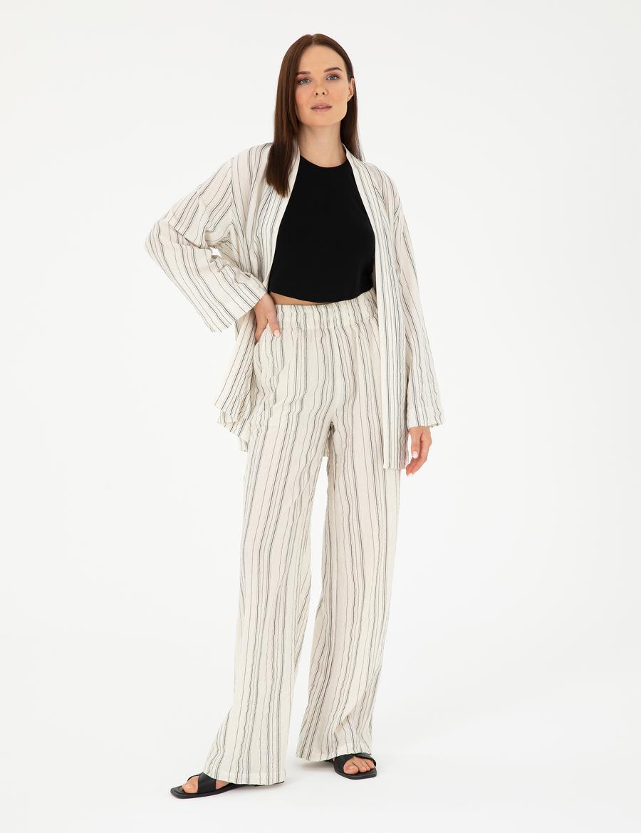 Ekru Dokulu Yüksek Bel Loose Fit Pantolon