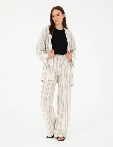 Ekru Dokulu Yüksek Bel Loose Fit Pantolon