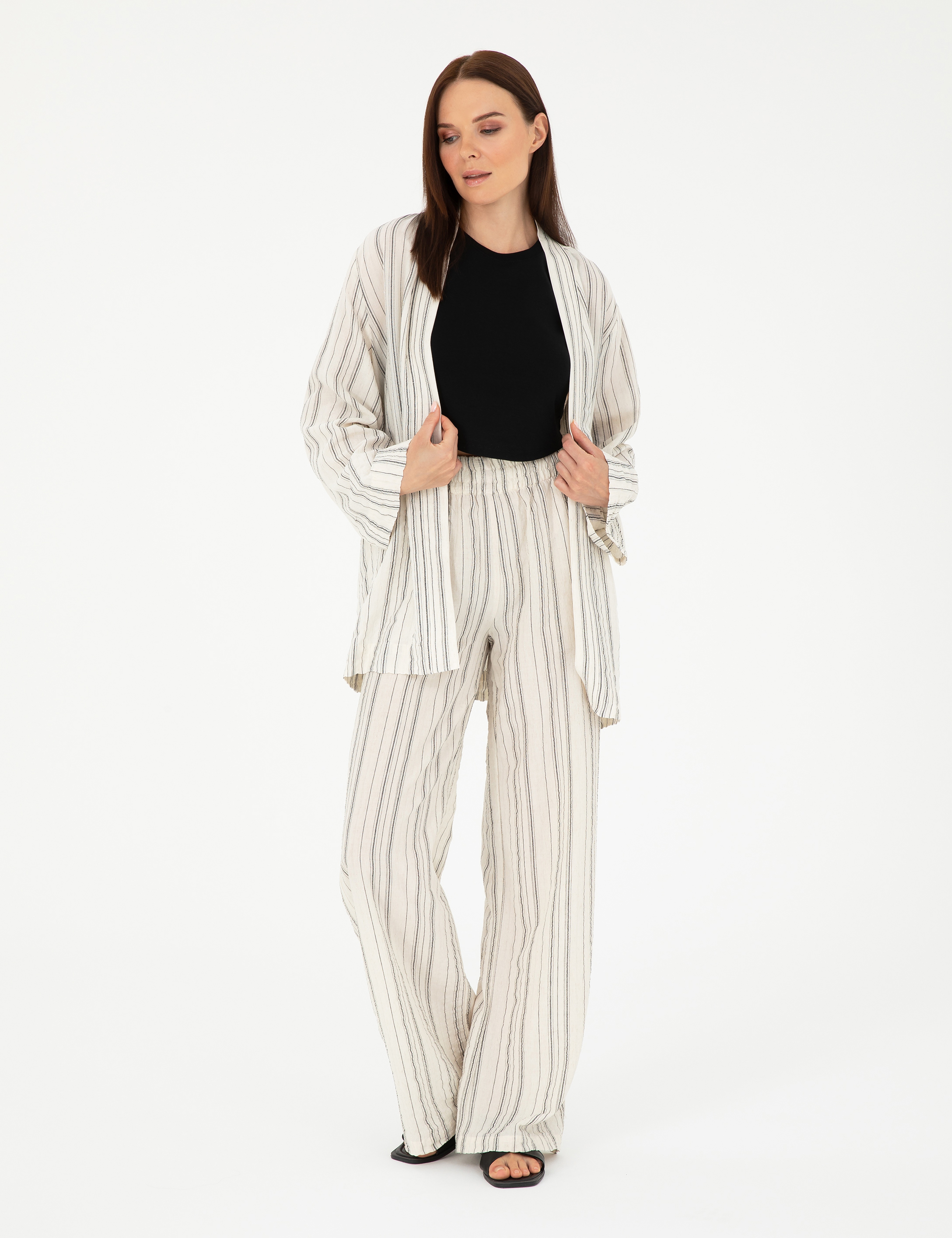 Ekru Dokulu Yüksek Bel Loose Fit Pantolon - Image 3