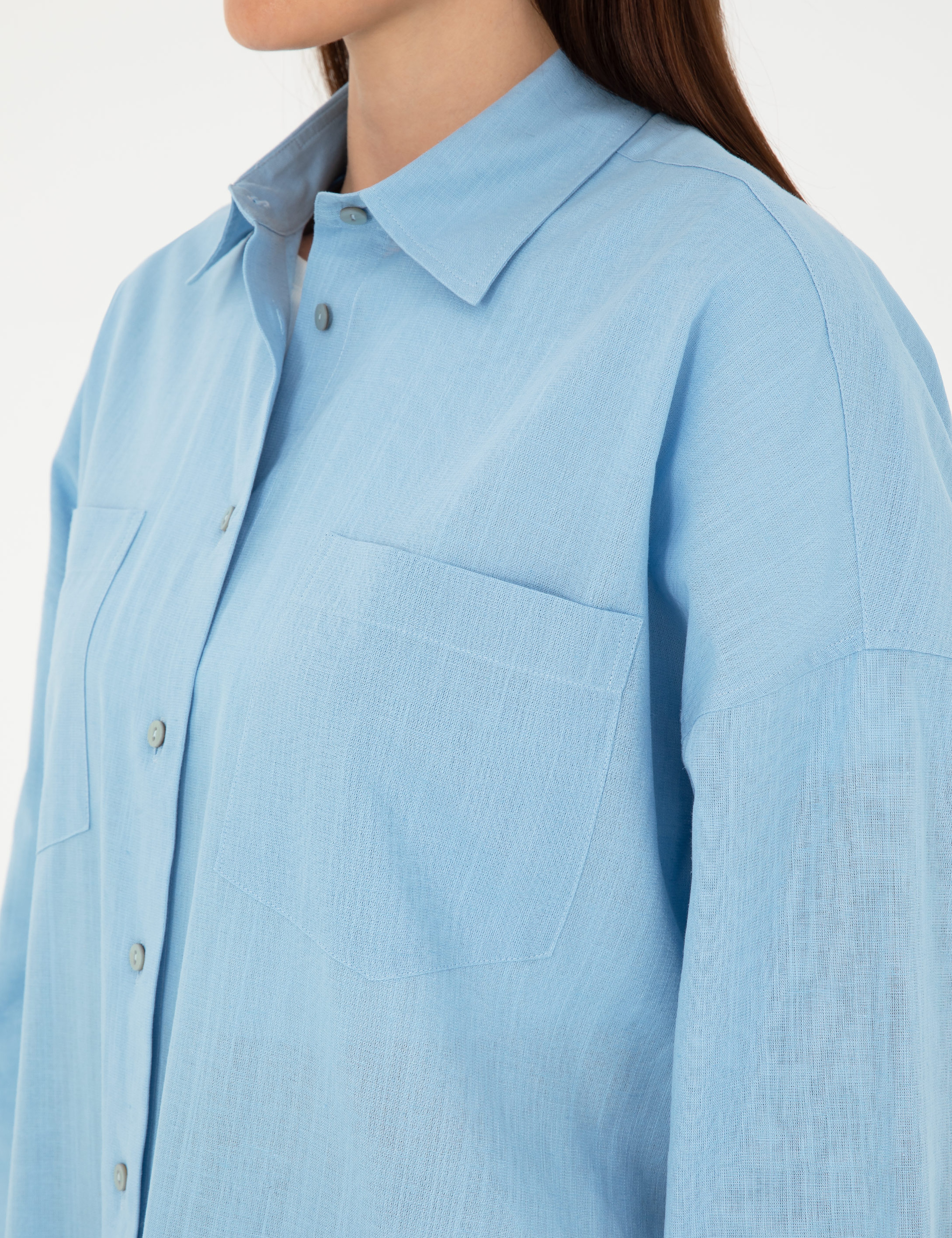 Keten Karışımlı Açık Mavi Oversize Gömlek - Image 7