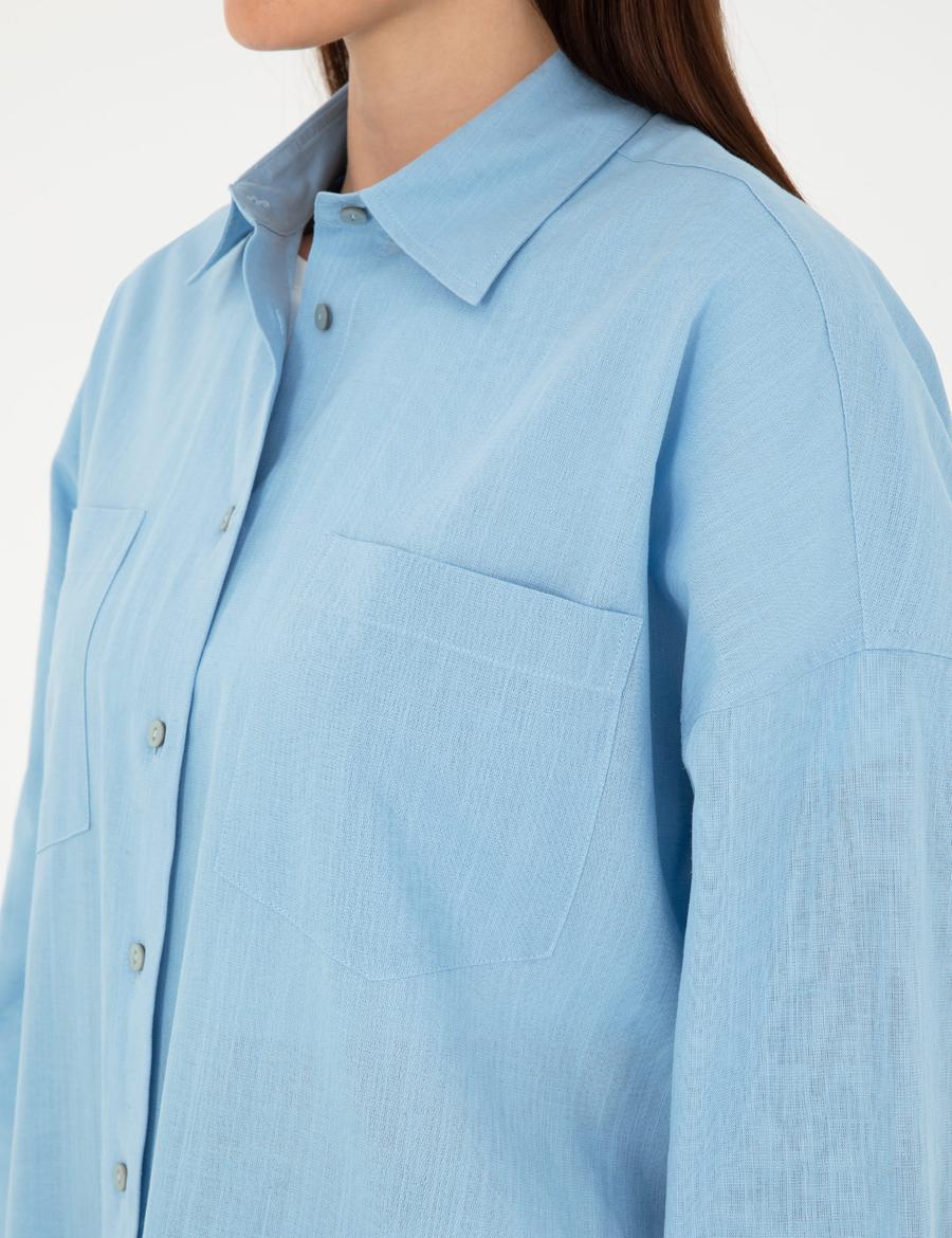 Keten Karışımlı Açık Mavi Oversize Gömlek