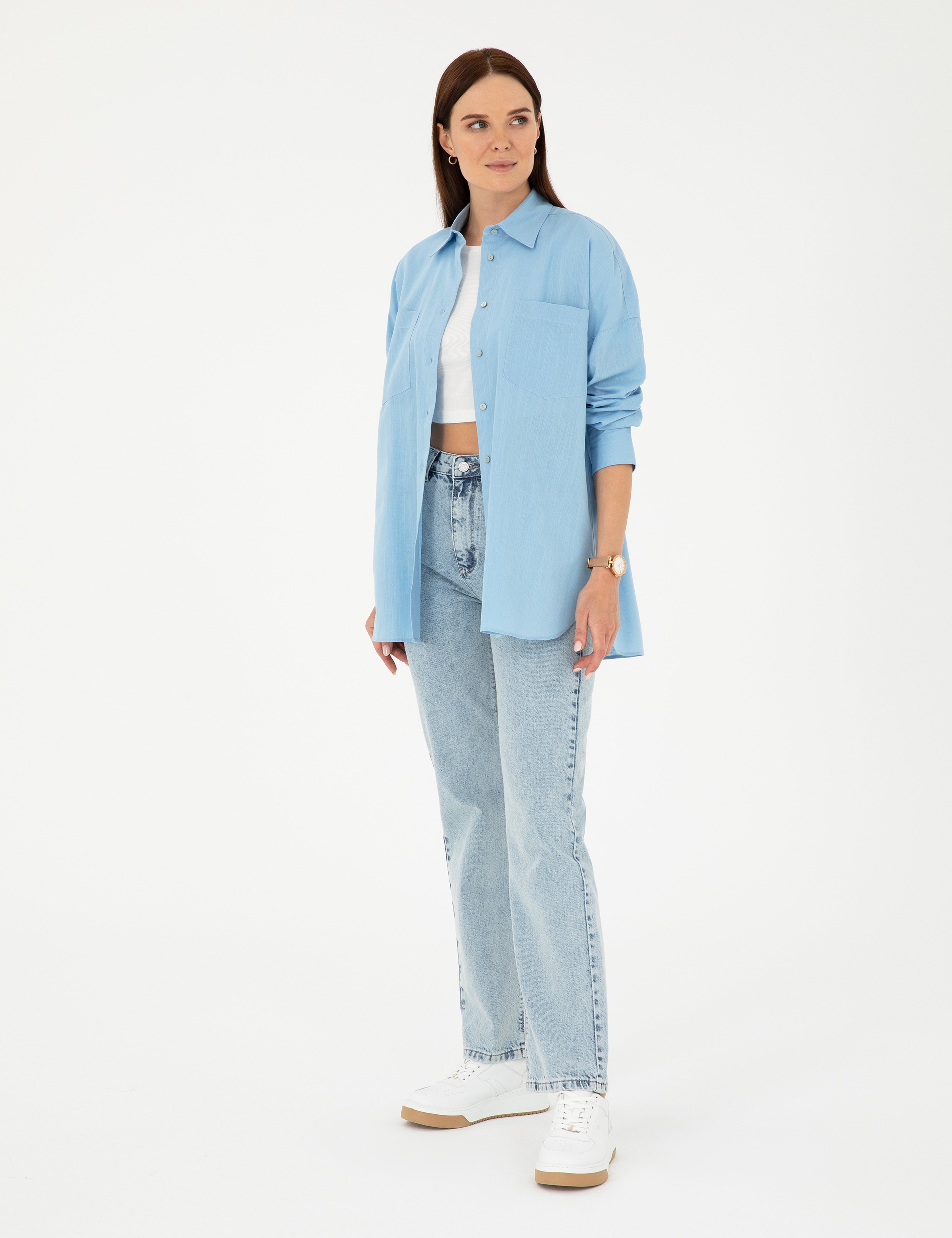 Keten Karışımlı Açık Mavi Oversize Gömlek - Image 4