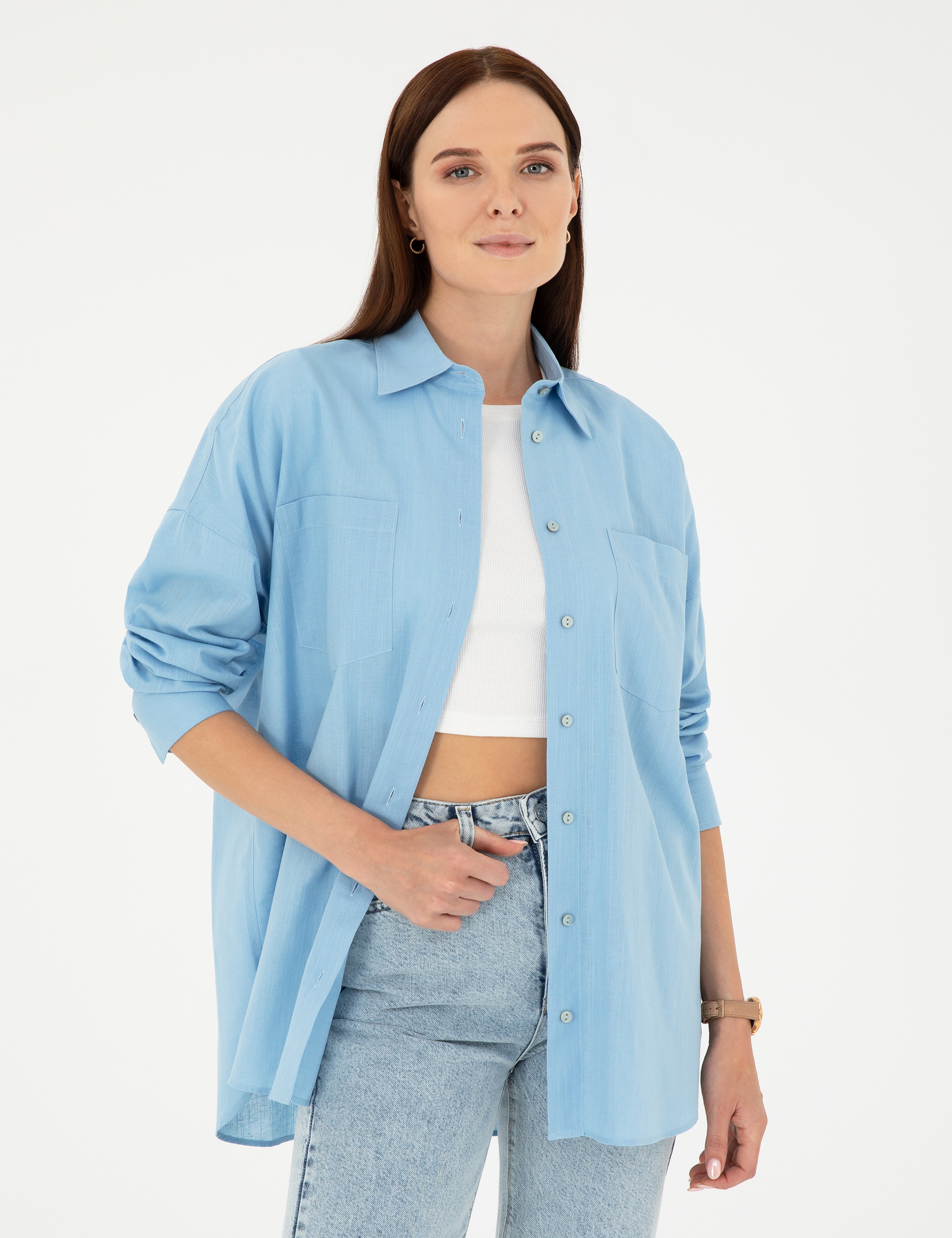 Keten Karışımlı Açık Mavi Oversize Gömlek - Image 1