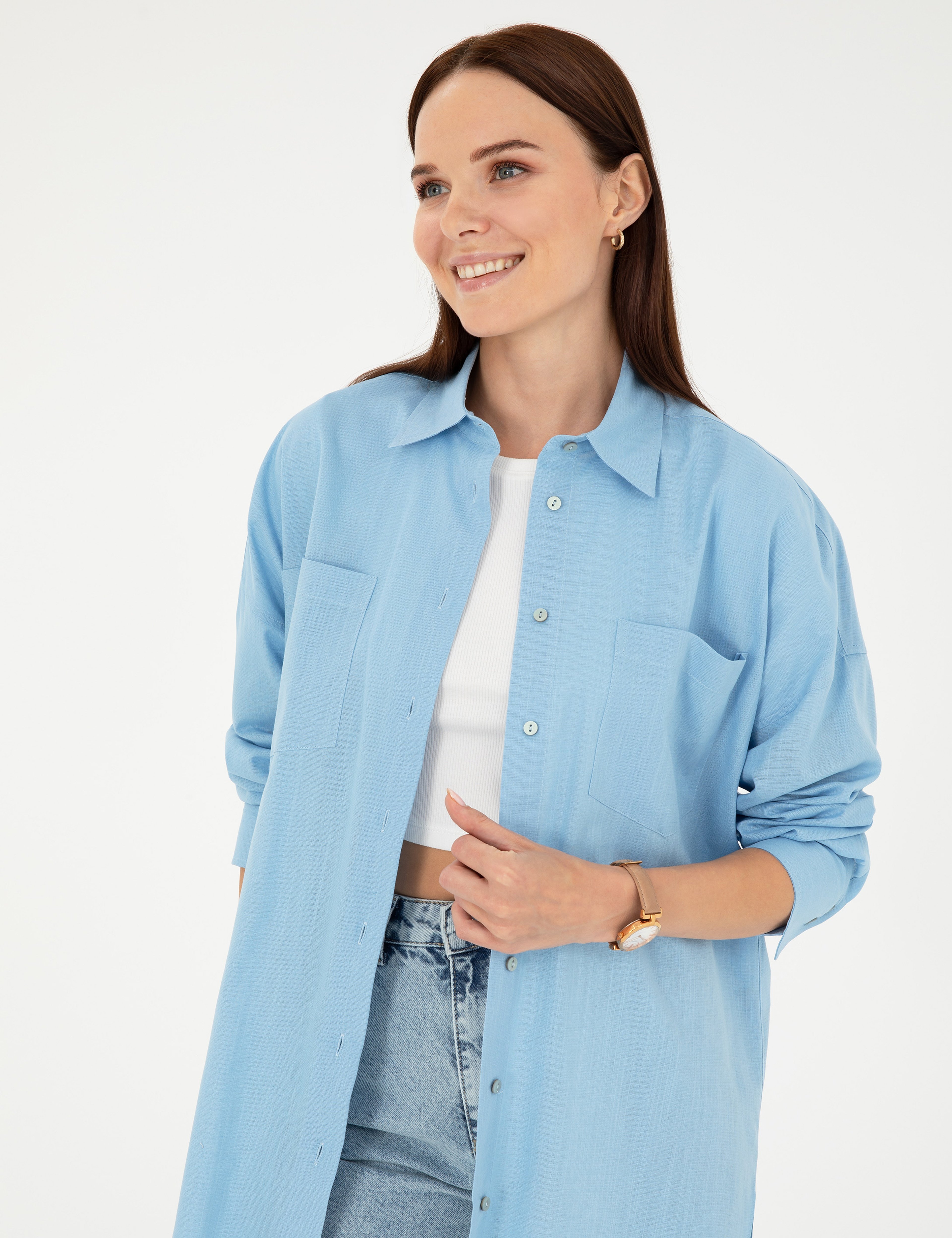 Keten Karışımlı Açık Mavi Oversize Gömlek - Image 3
