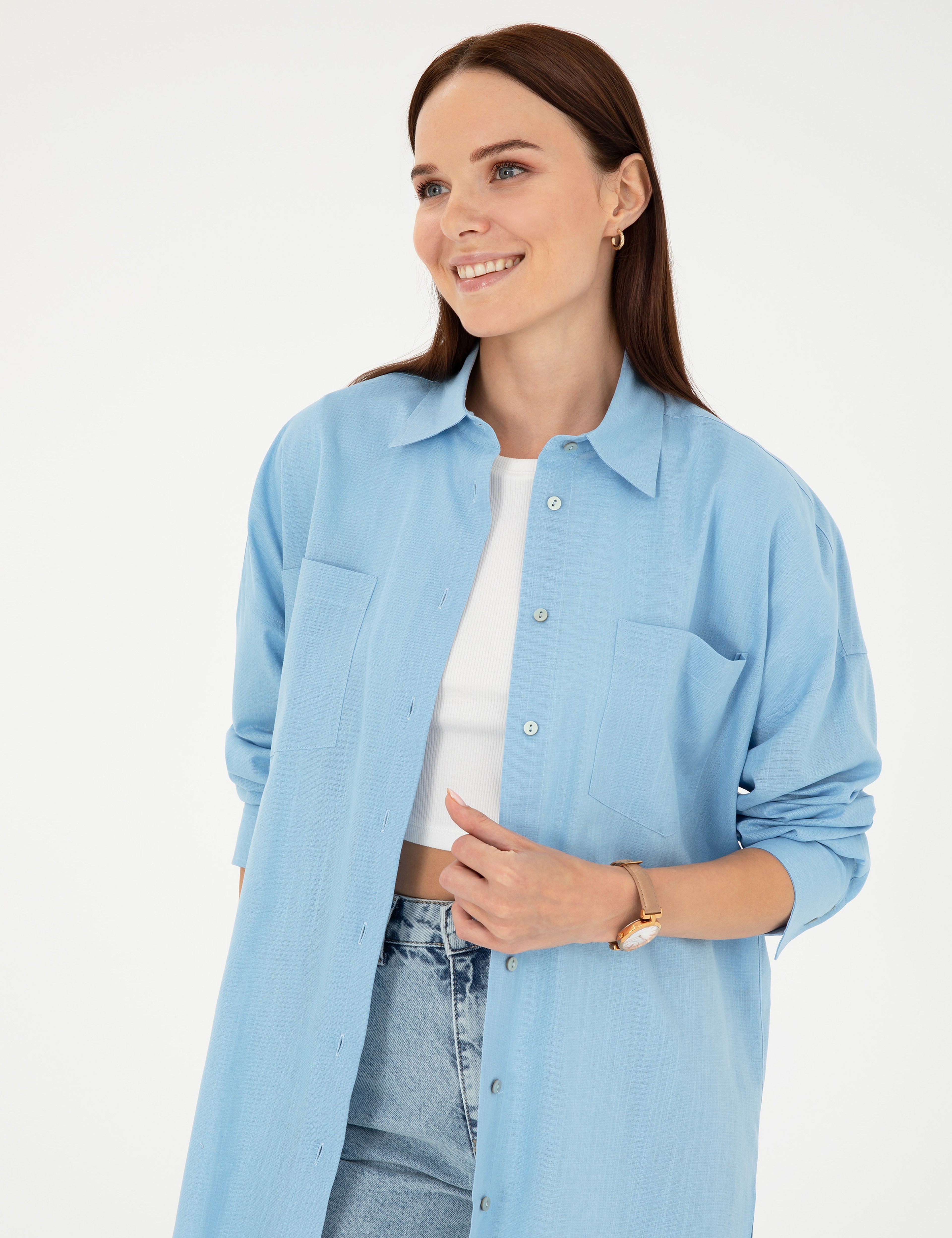 Keten Karışımlı Açık Mavi Oversize Gömlek