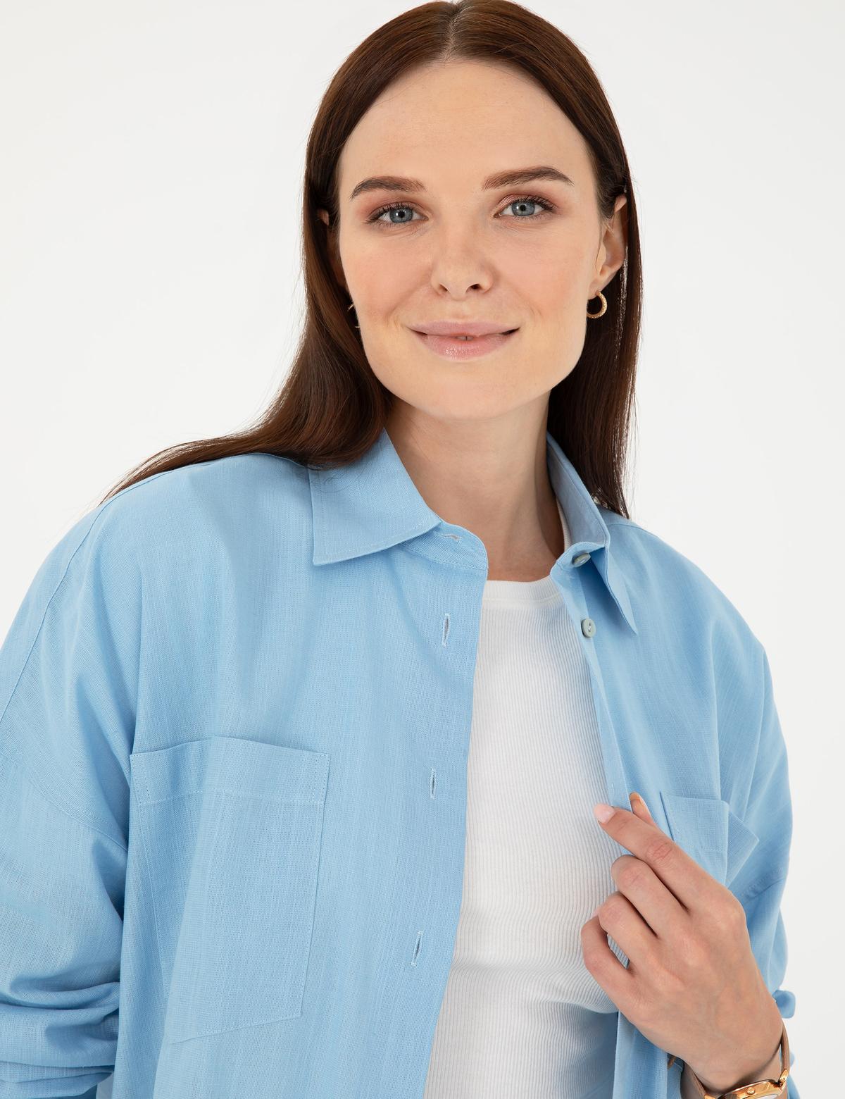 Keten Karışımlı Açık Mavi Oversize Gömlek - 50292038005