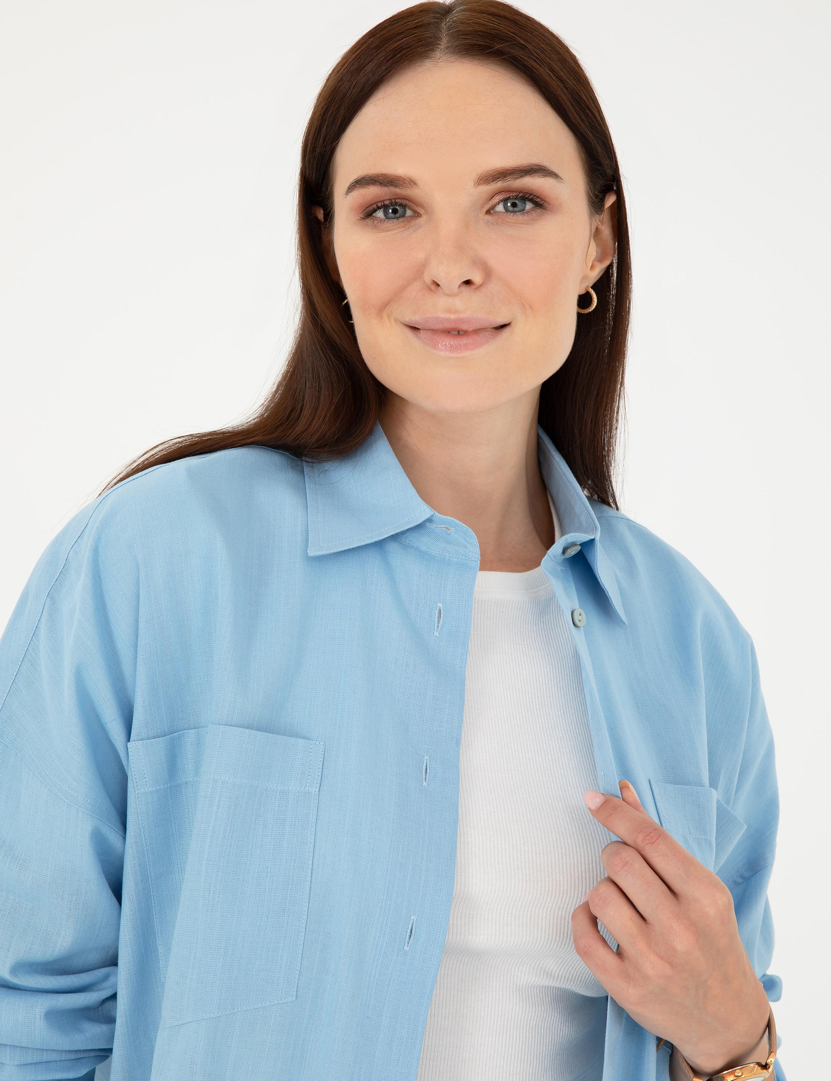 Keten Karışımlı Açık Mavi Oversize Gömlek