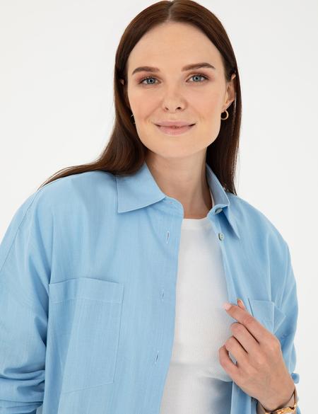 Keten Karışımlı Açık Mavi Oversize Gömlek - 50292038005