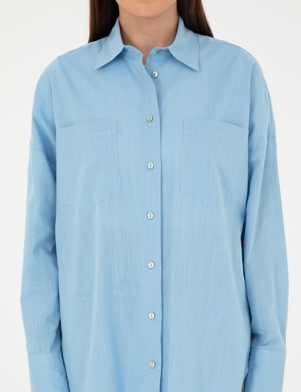 Keten Karışımlı Açık Mavi Oversize Gömlek - 50292038005