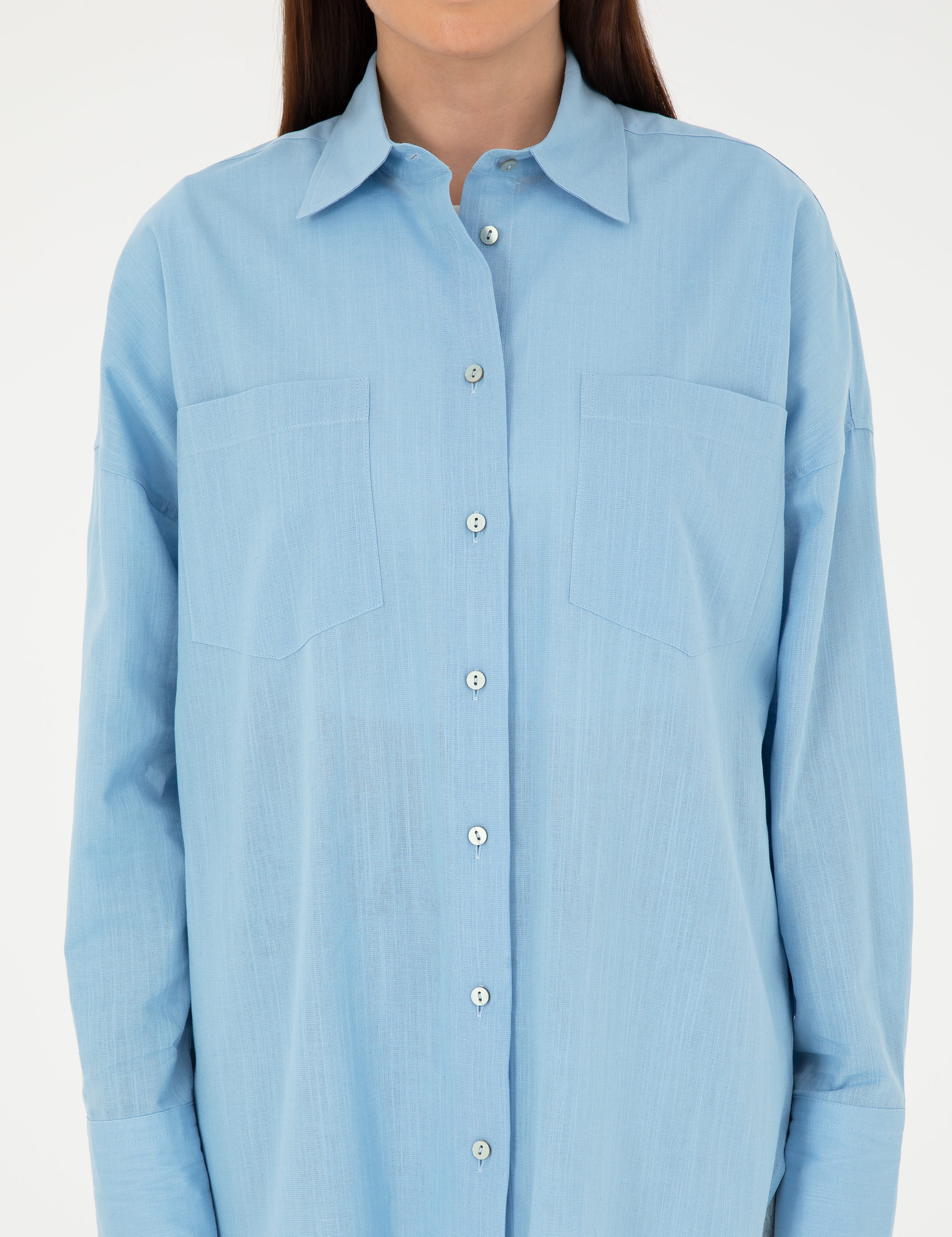 Keten Karışımlı Açık Mavi Oversize Gömlek - Image 6