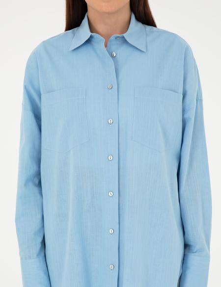 Keten Karışımlı Açık Mavi Oversize Gömlek - 50292038005