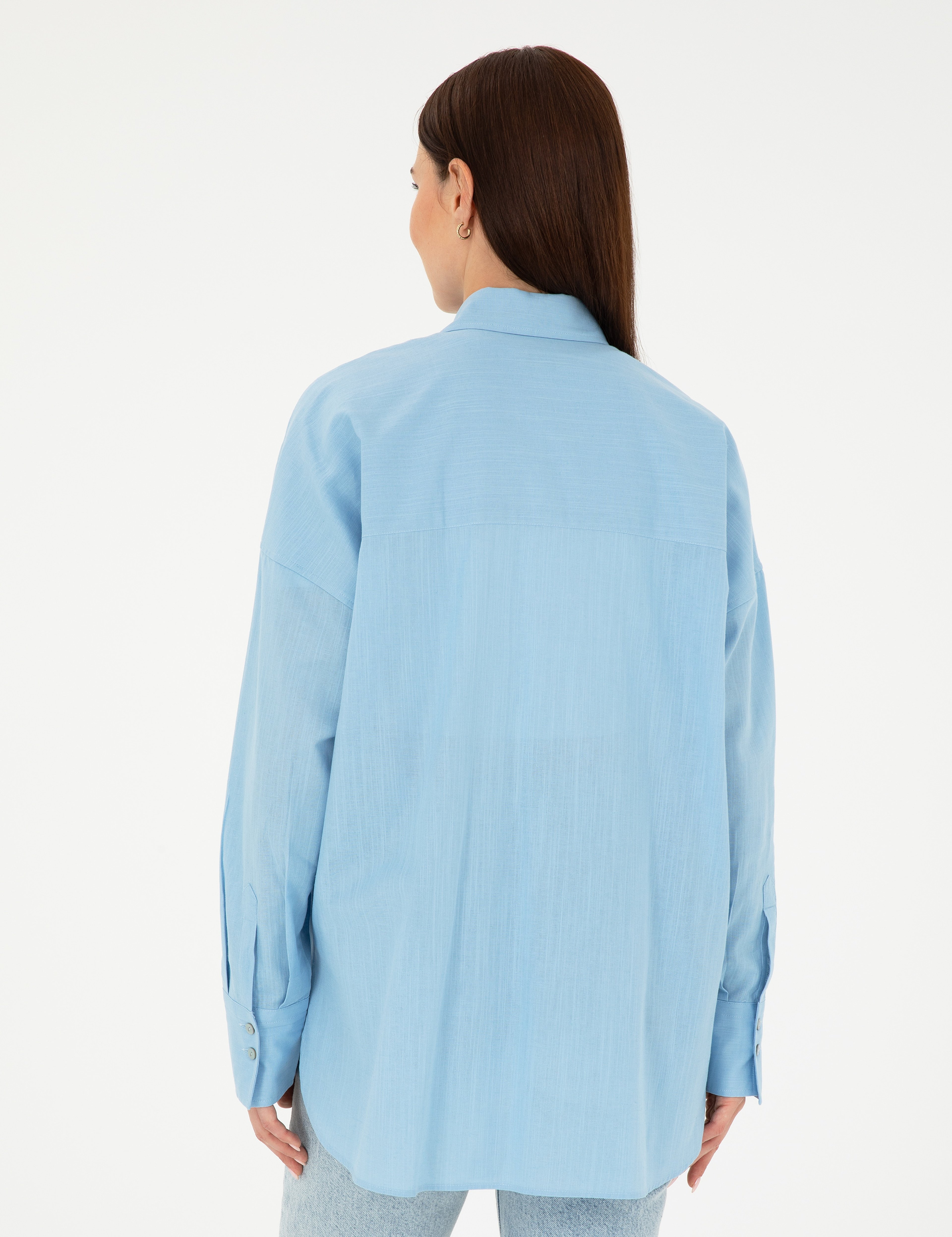 Keten Karışımlı Açık Mavi Oversize Gömlek - Image 5