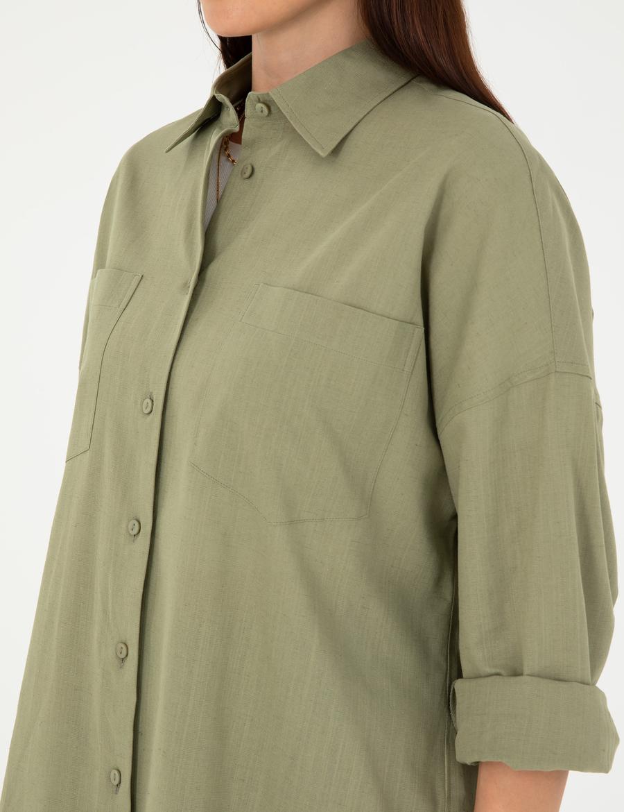 Keten Karışımlı Haki Oversize Gömlek