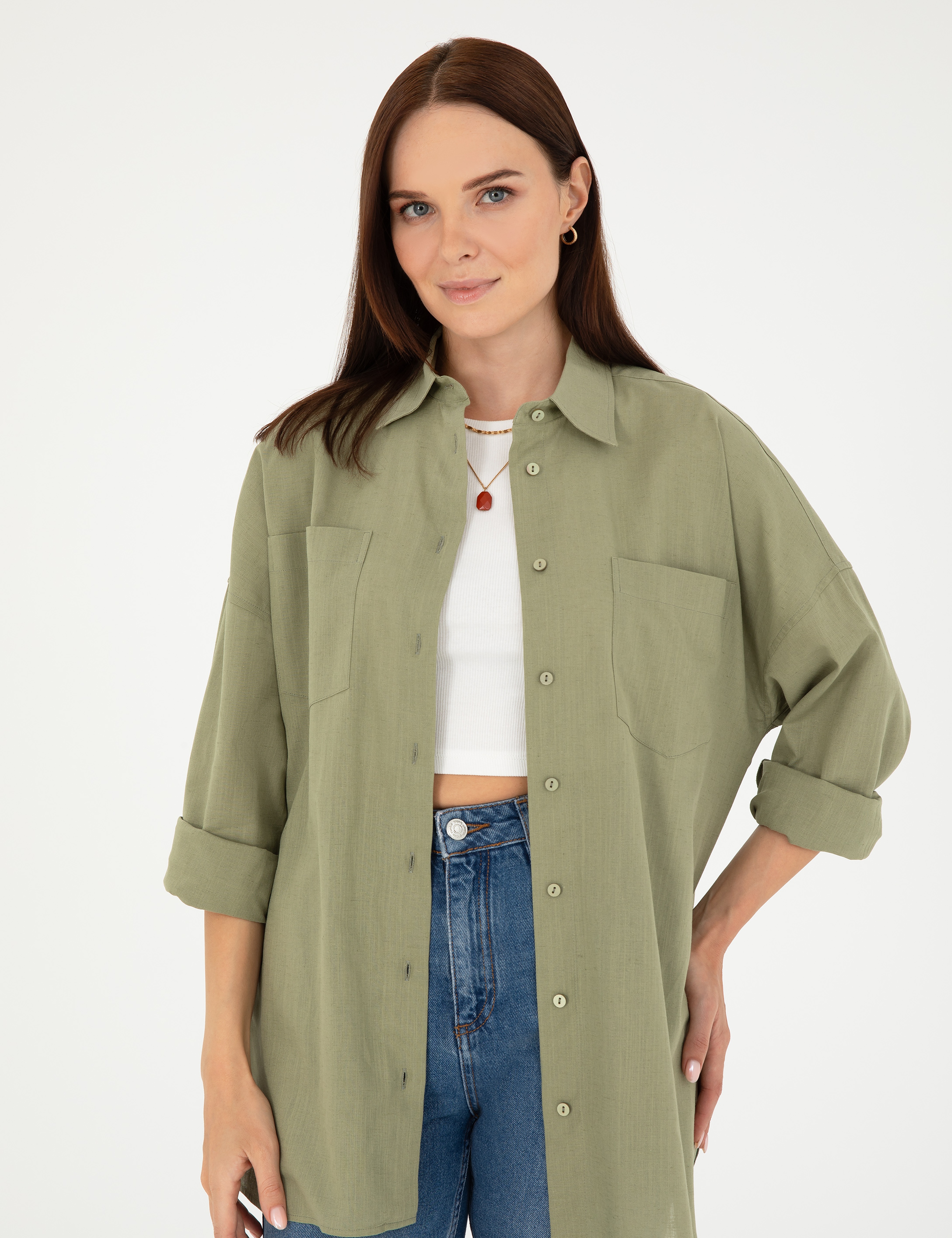Keten Karışımlı Haki Oversize Gömlek - Image 3