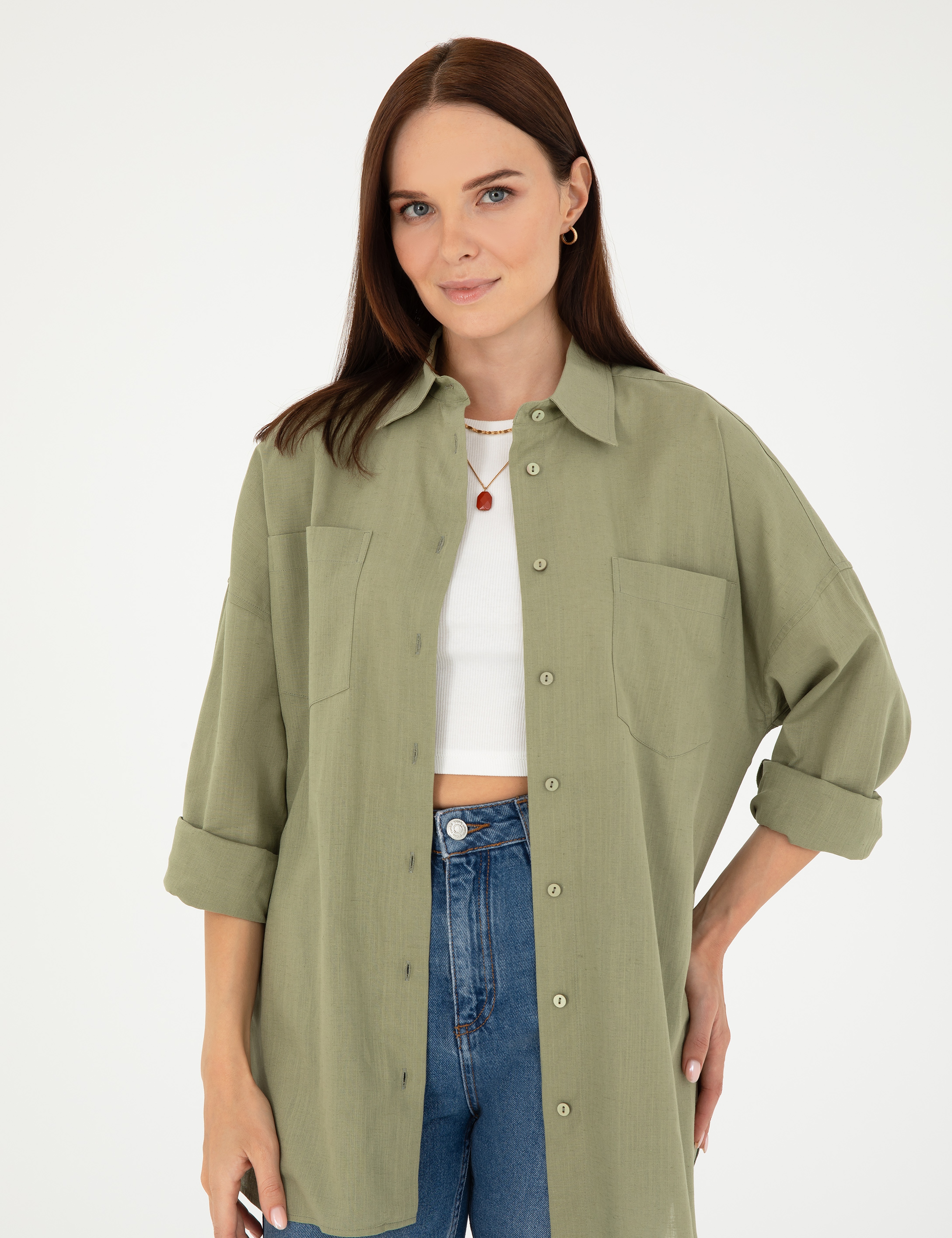 Keten Karışımlı Haki Oversize Gömlek
