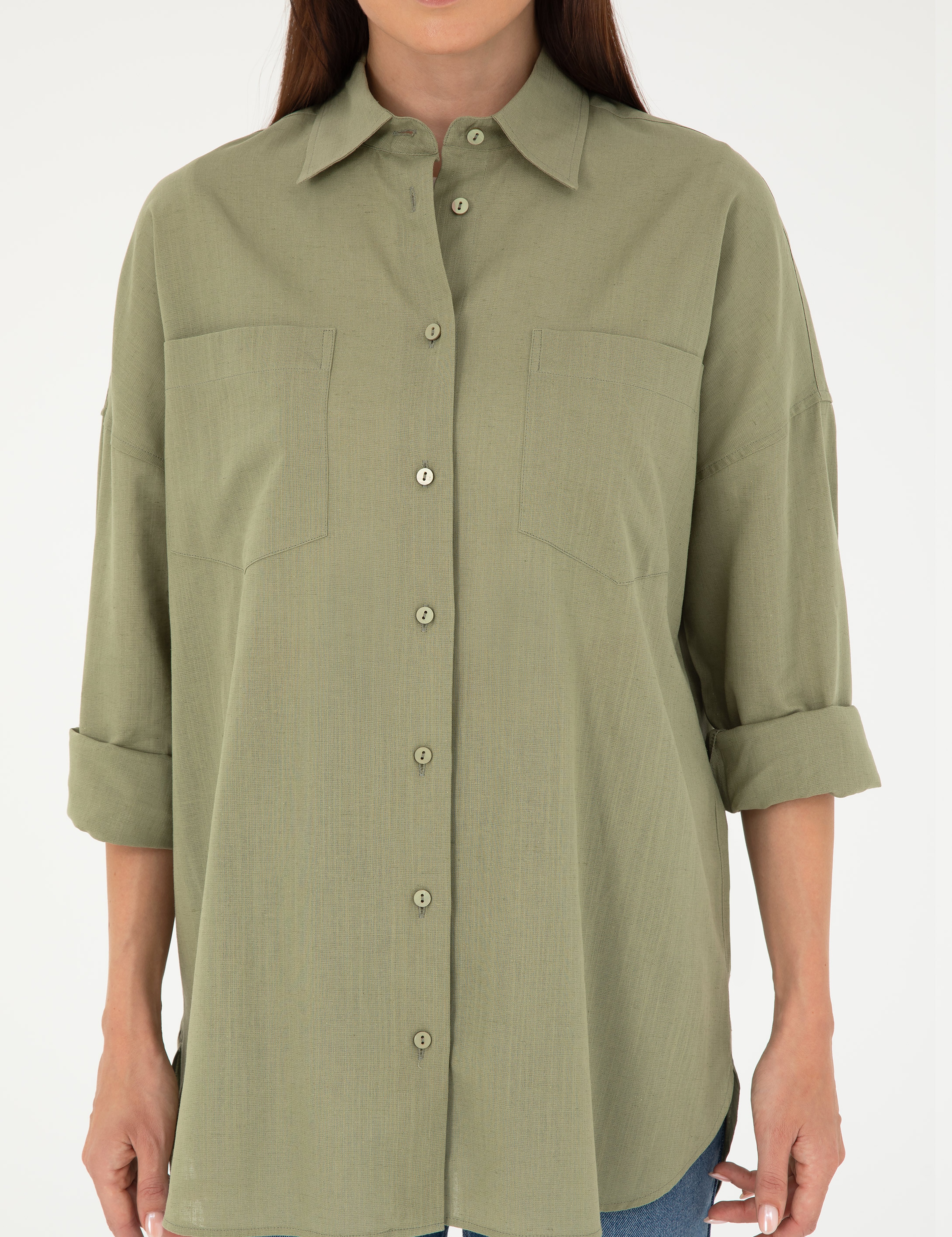 Keten Karışımlı Haki Oversize Gömlek - Image 6