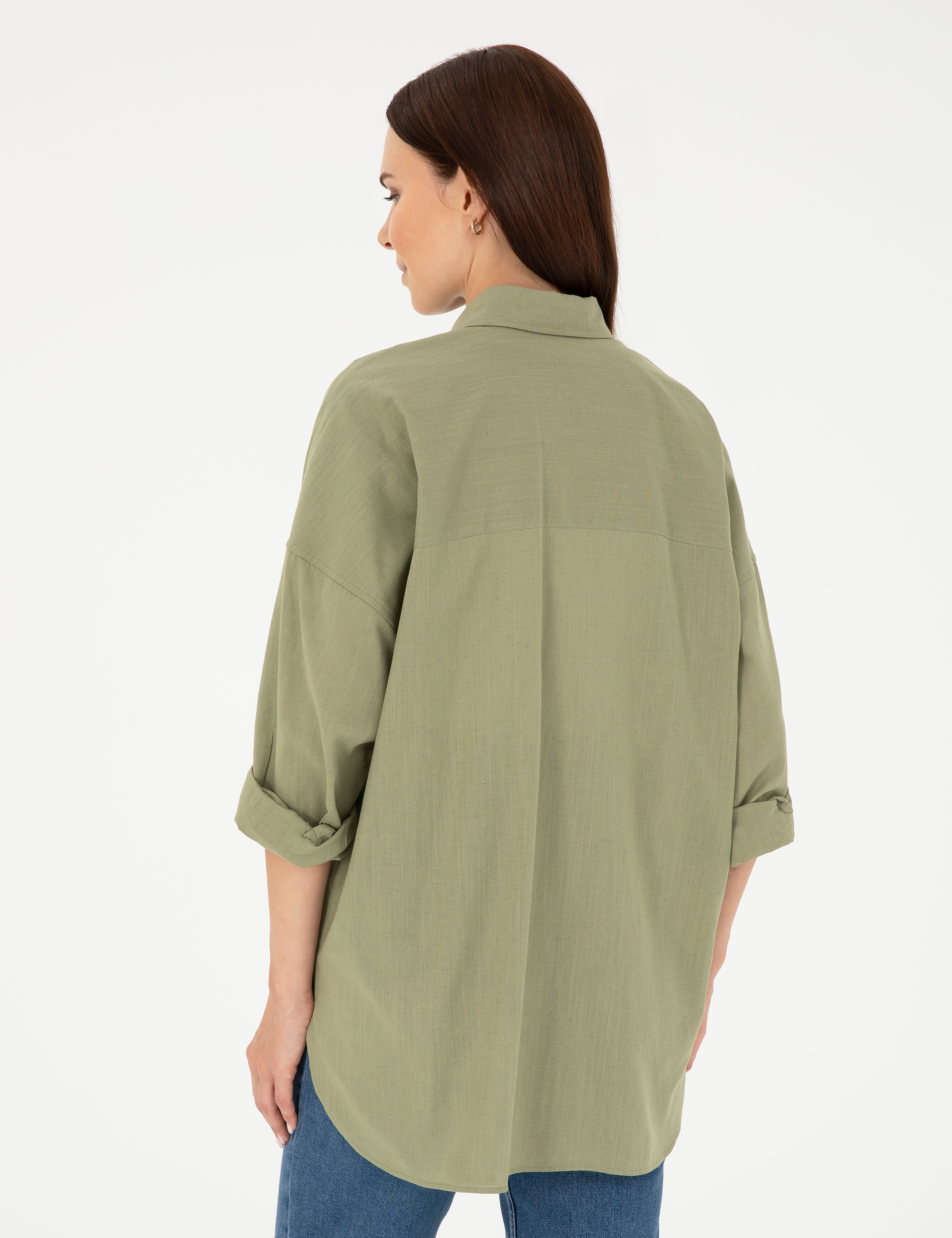 Keten Karışımlı Haki Oversize Gömlek
