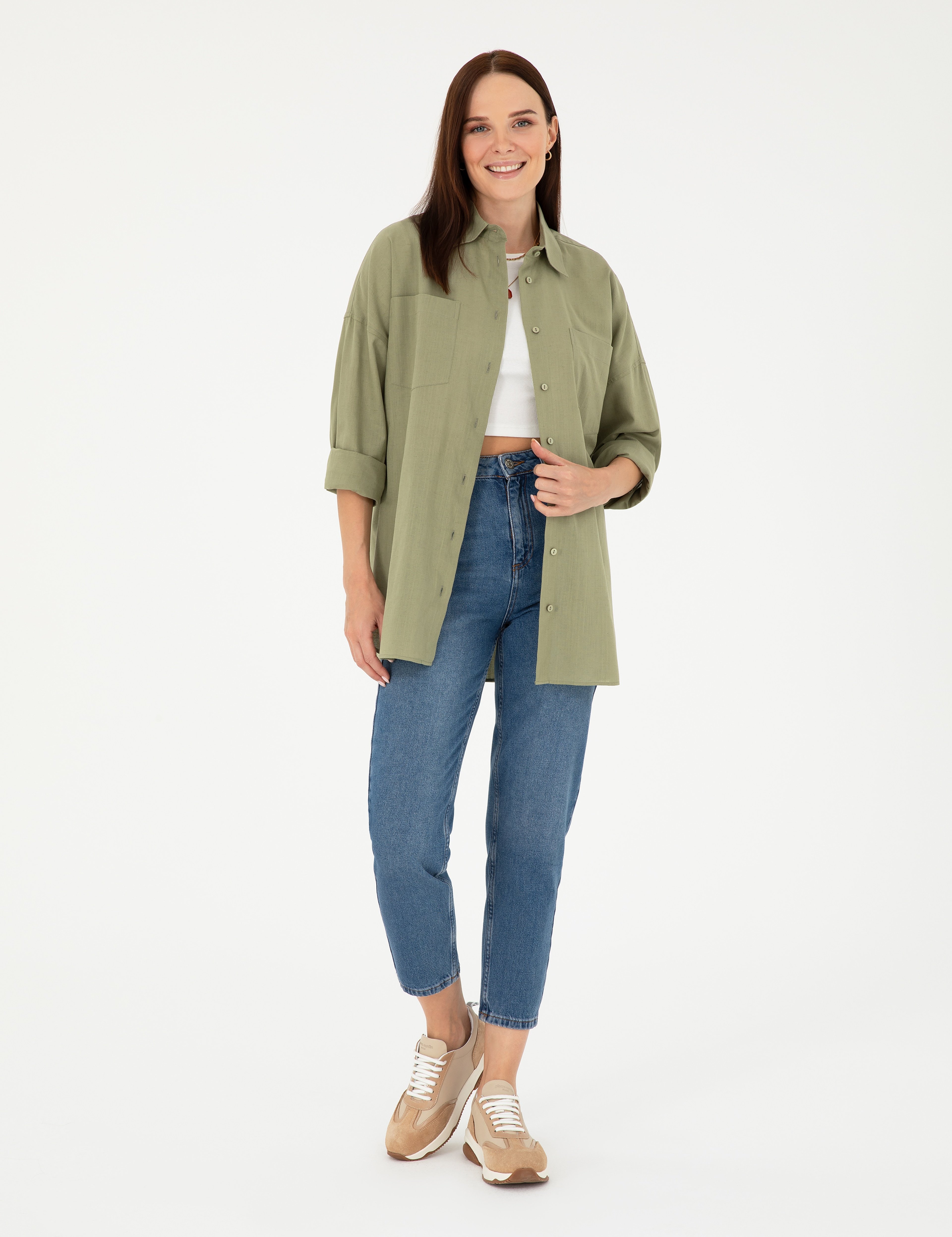 Keten Karışımlı Haki Oversize Gömlek - Image 4